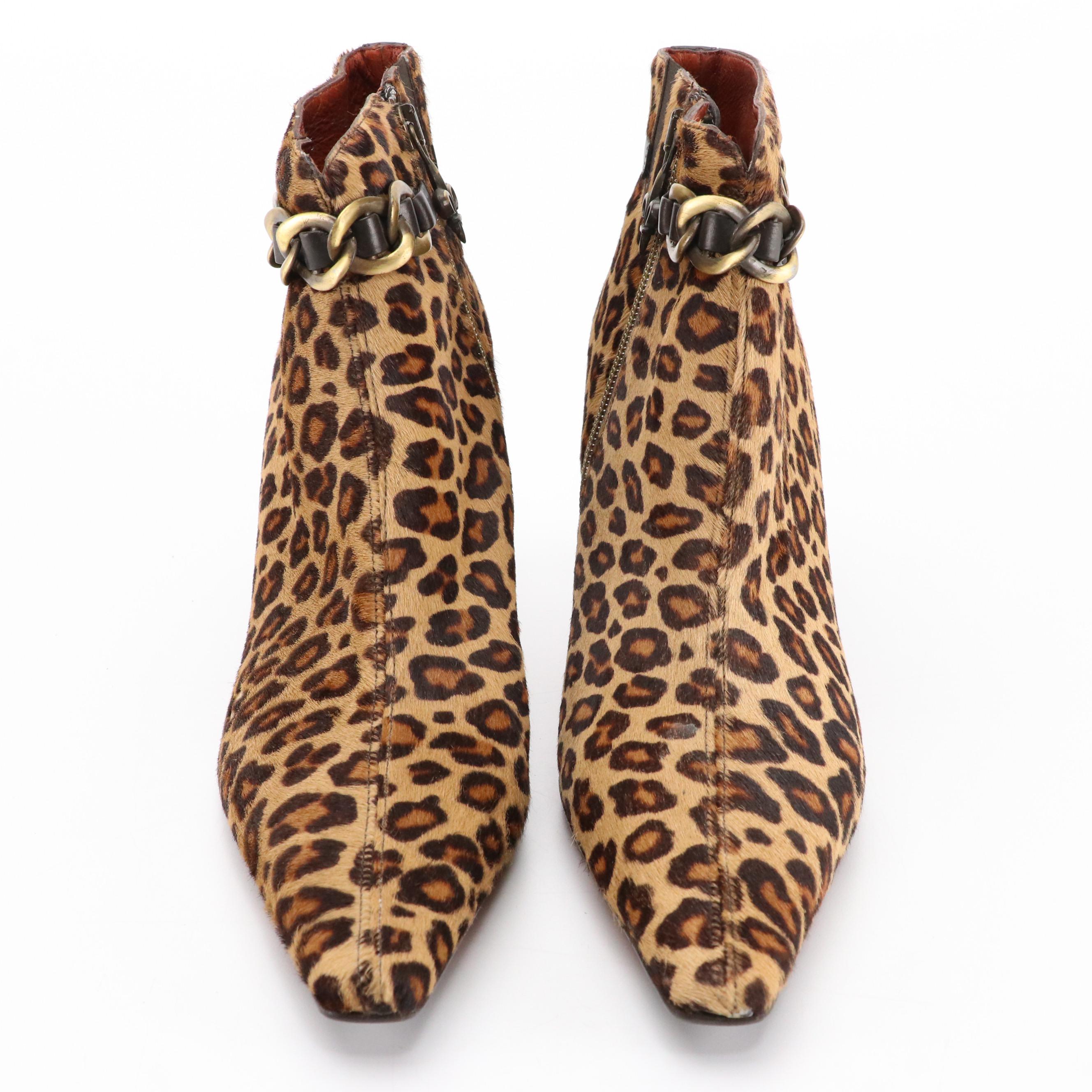 Donald J Pliner Pointed Toe Heeled Ankle Boots in Leopard Print Calf Hair