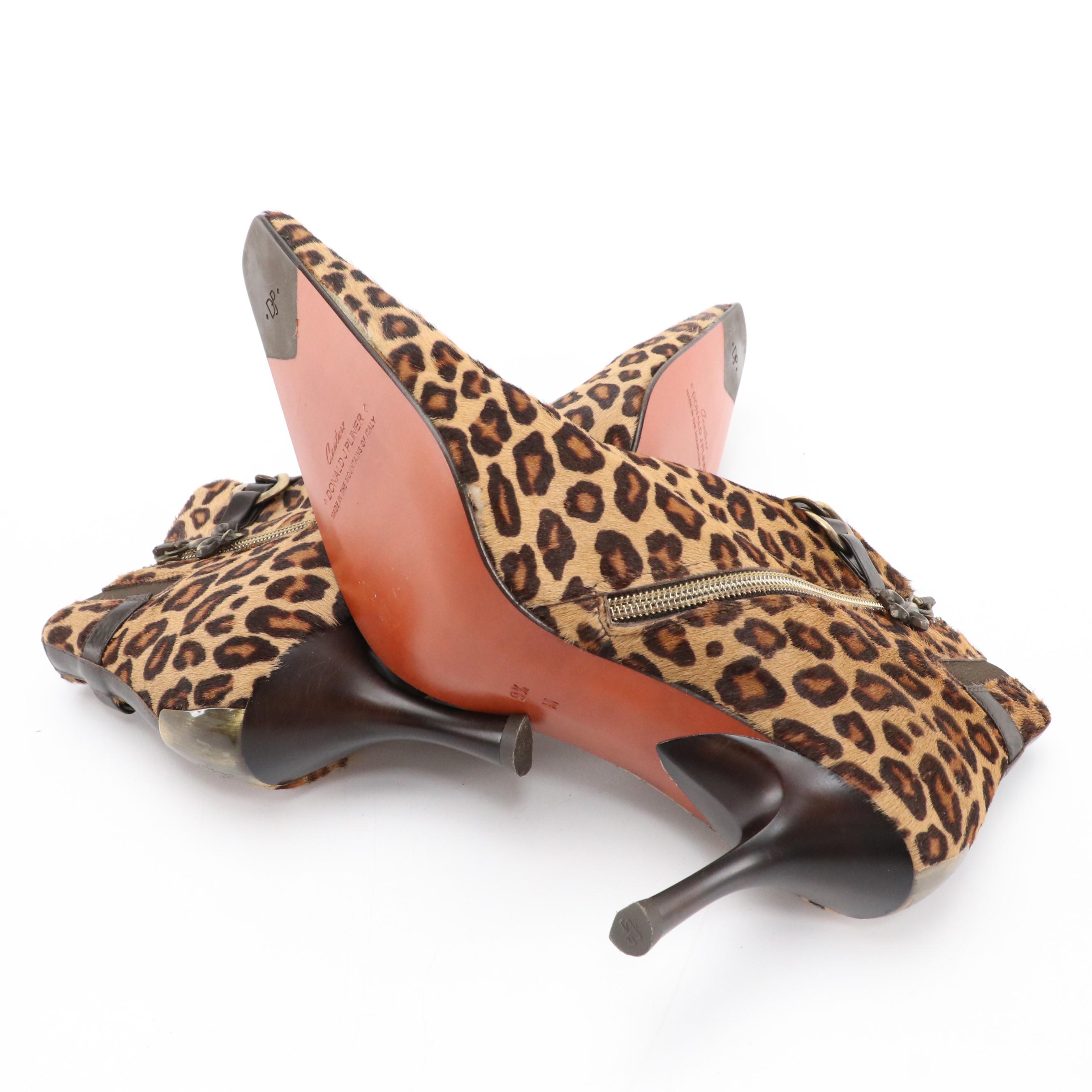 Donald J Pliner Pointed Toe Heeled Ankle Boots in Leopard Print Calf Hair