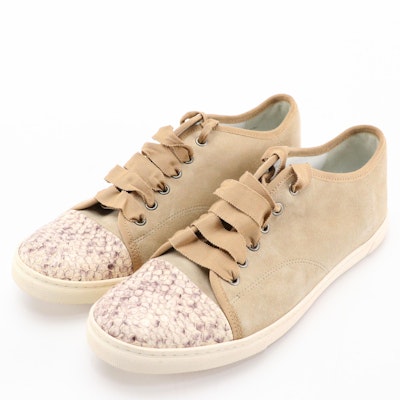 Lanvin Beige Suede and Python Leather Cap-Toe Sneakers