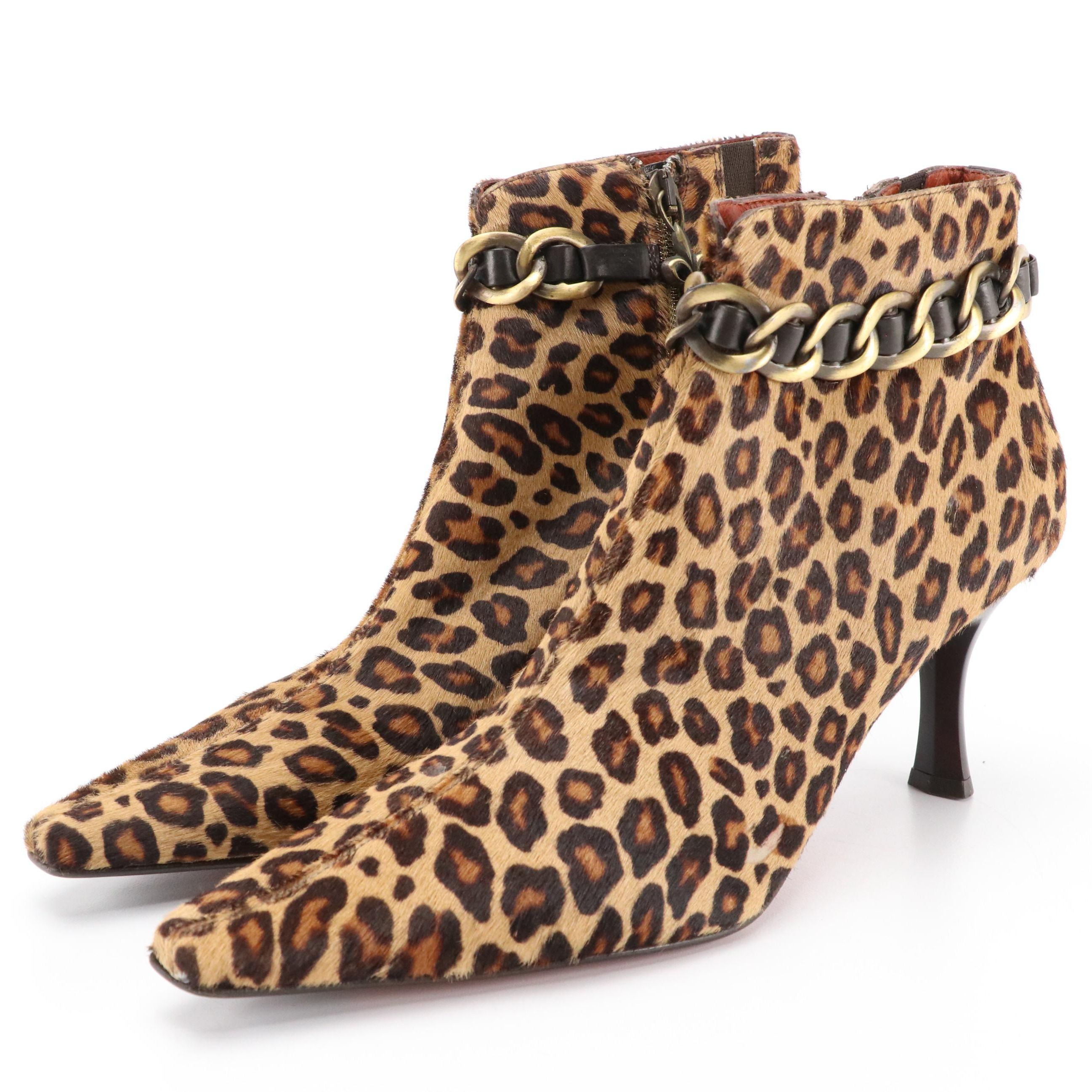 Donald J Pliner Pointed Toe Heeled Ankle Boots in Leopard Print Calf Hair