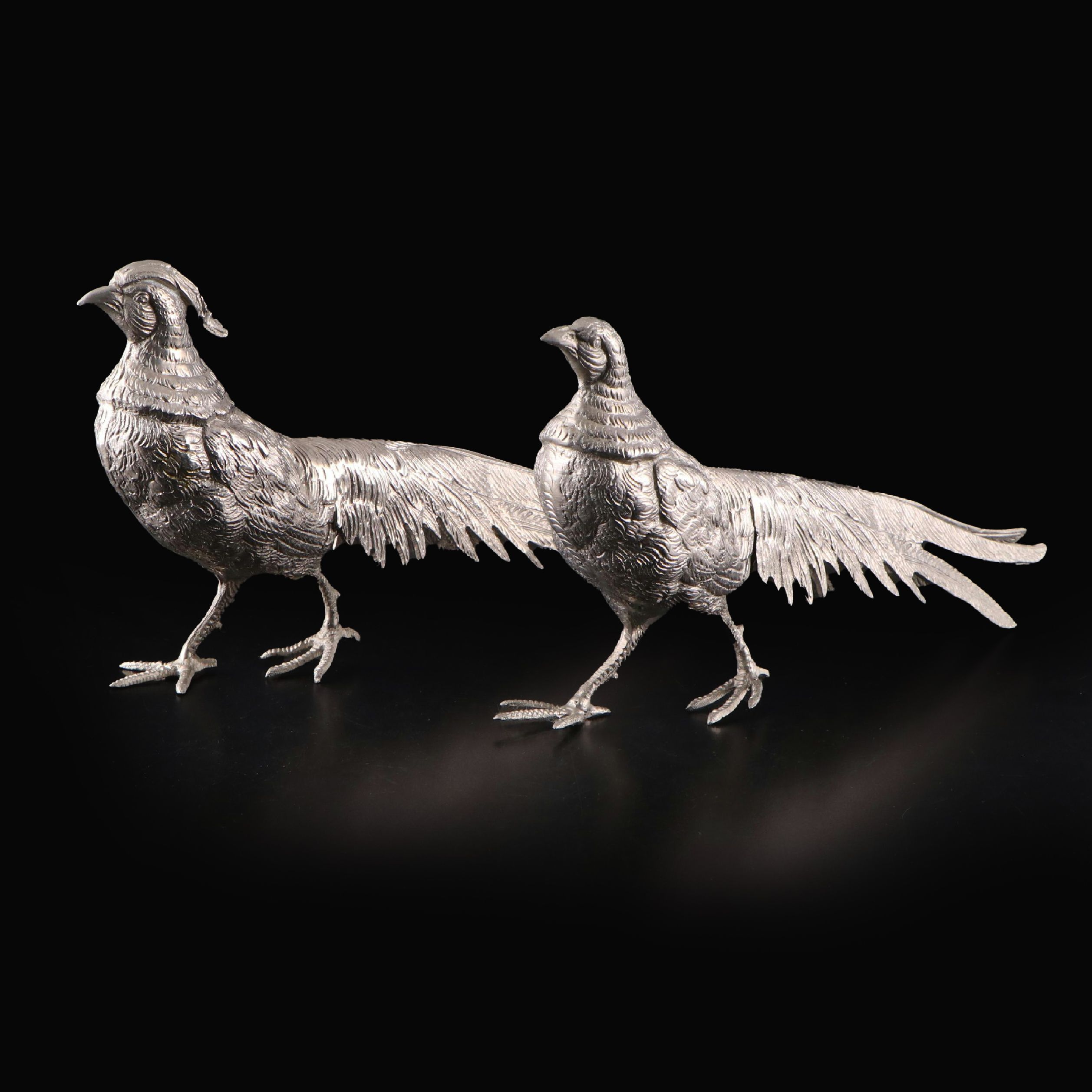 Pair of Silver Plated Pheasant Figurines, Mid-20th Century