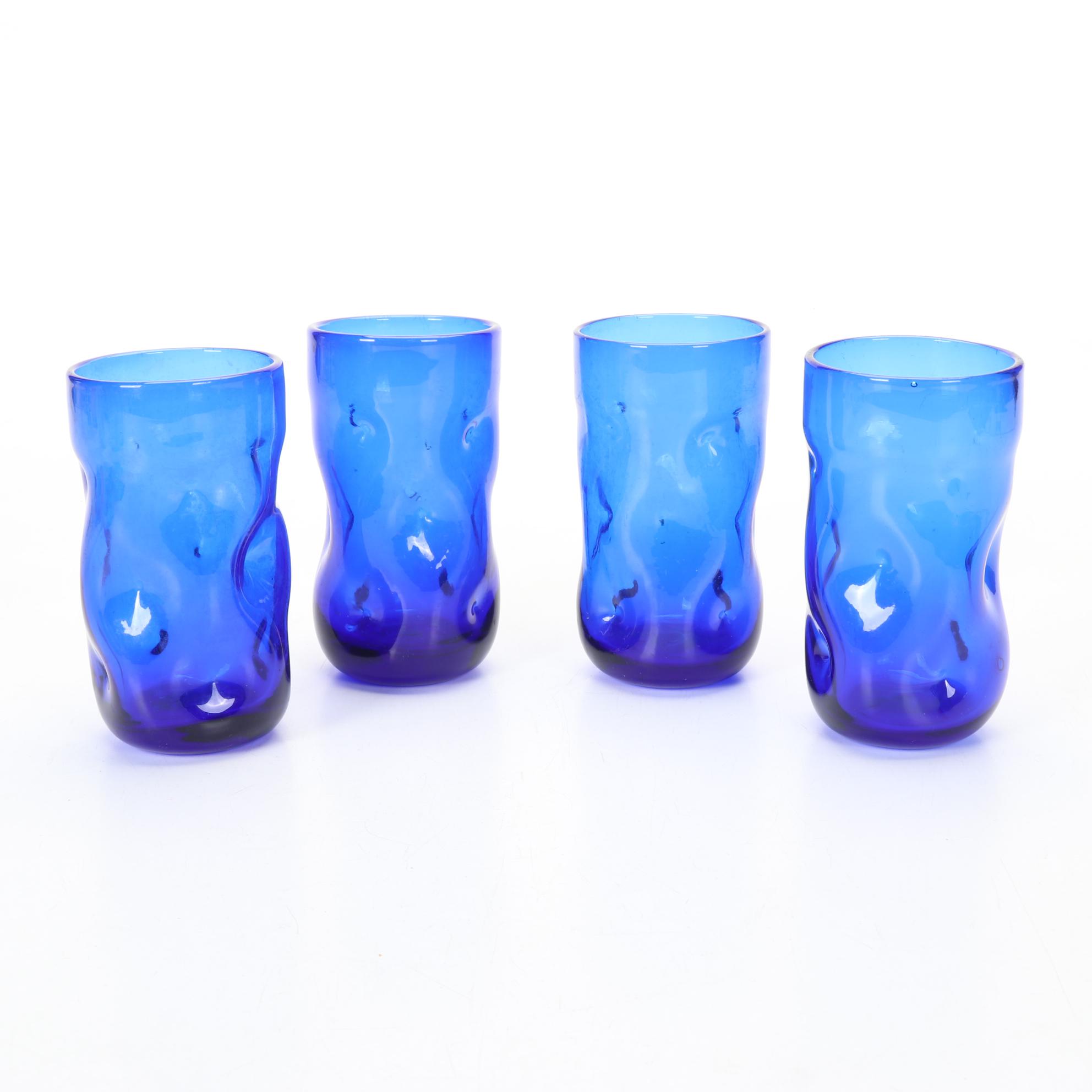 Blenko Cobalt "Dimple" Tumblers, Crackle Aqua "Dimple" Glasses & Novelty Shaker