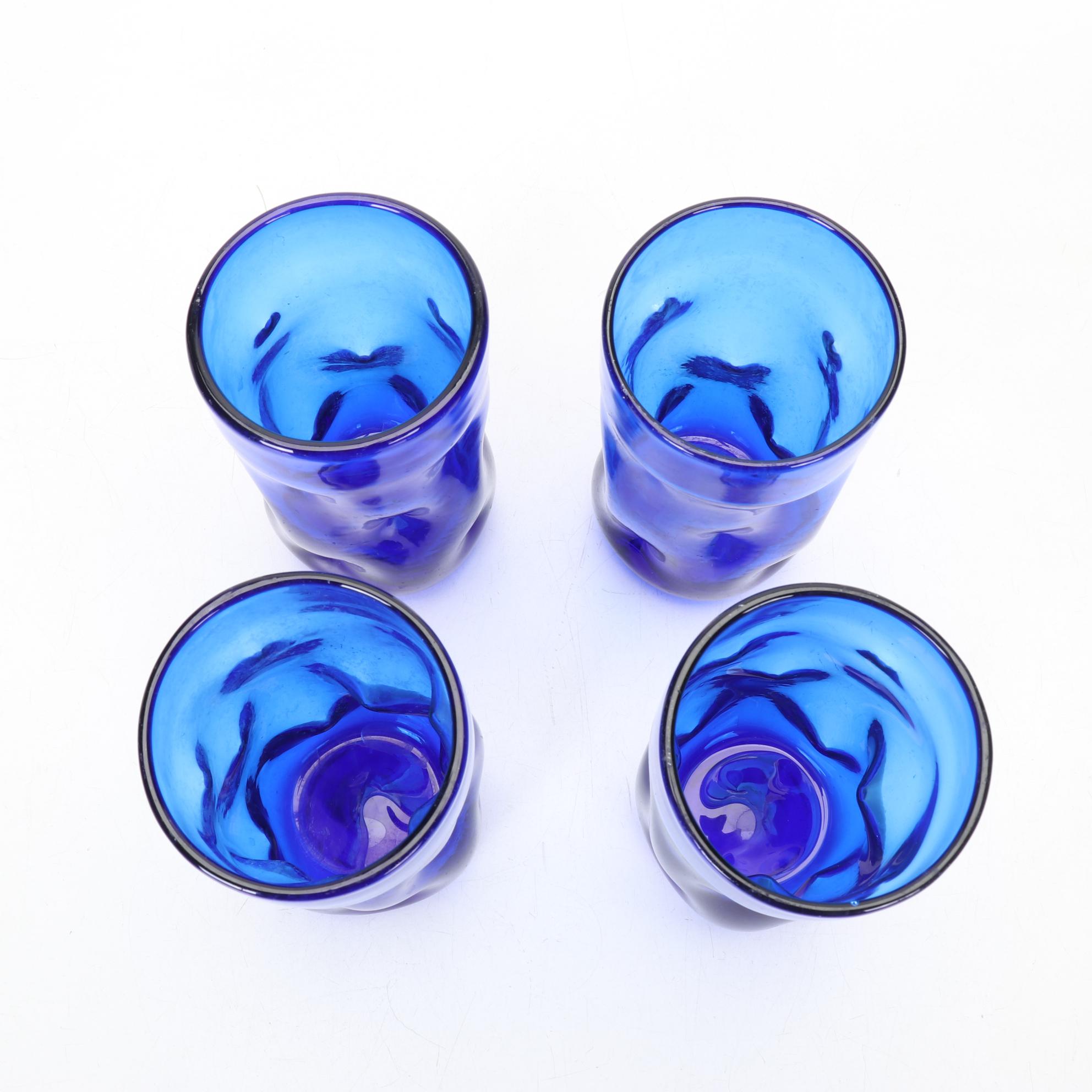 Blenko Cobalt "Dimple" Tumblers, Crackle Aqua "Dimple" Glasses & Novelty Shaker
