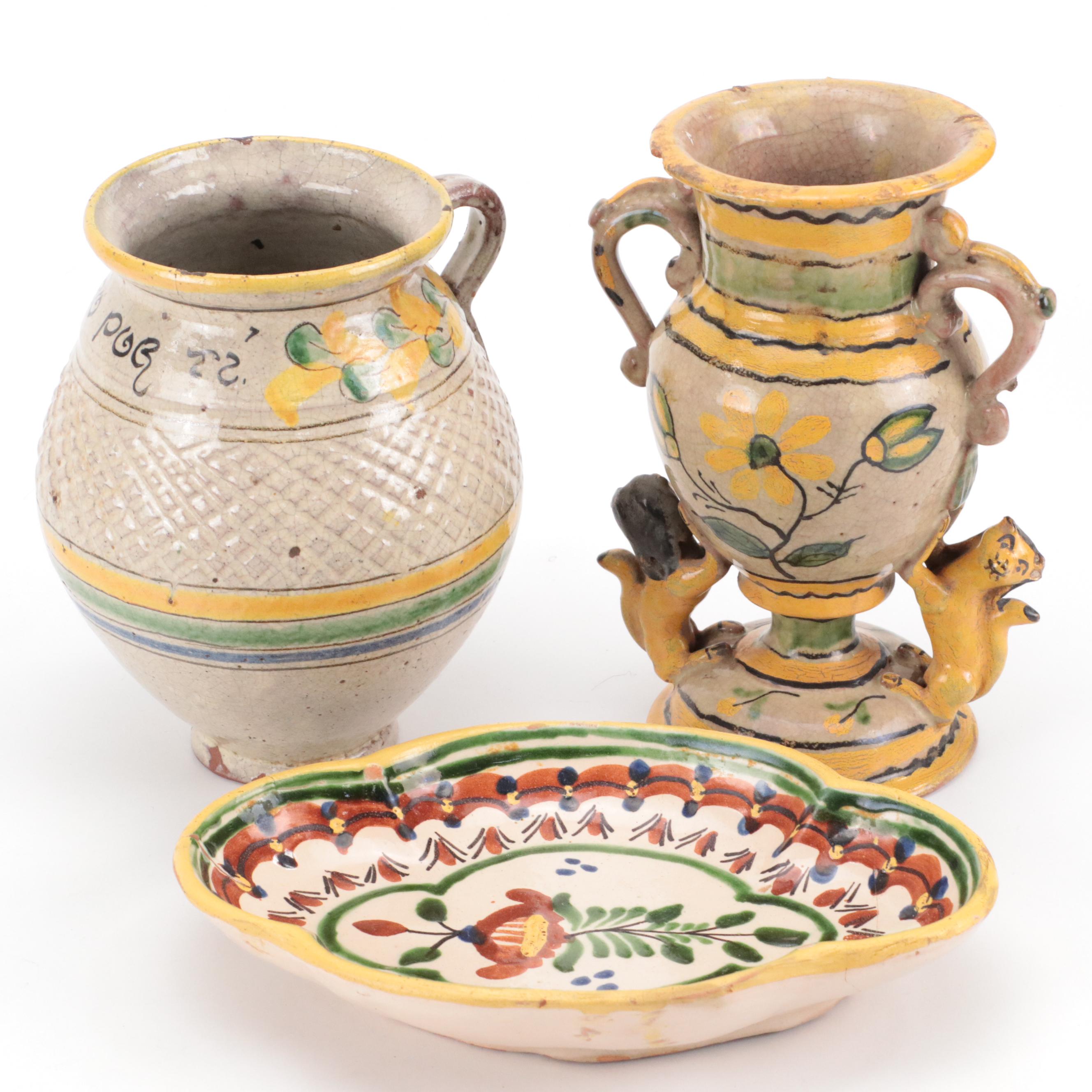 Hand-Painted Majolica Pottery Jugs and Quatrefoil Bowl