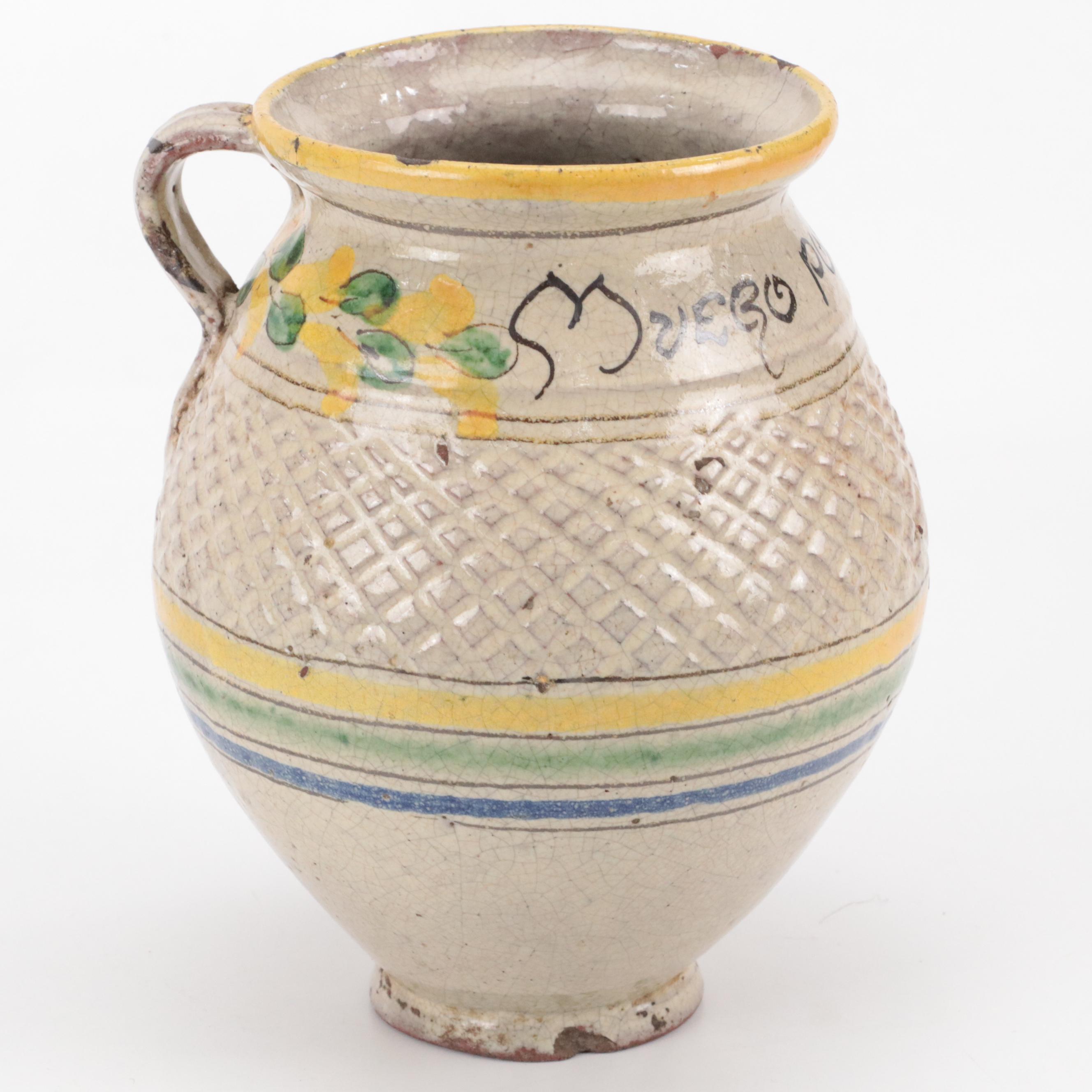 Hand-Painted Majolica Pottery Jugs and Quatrefoil Bowl