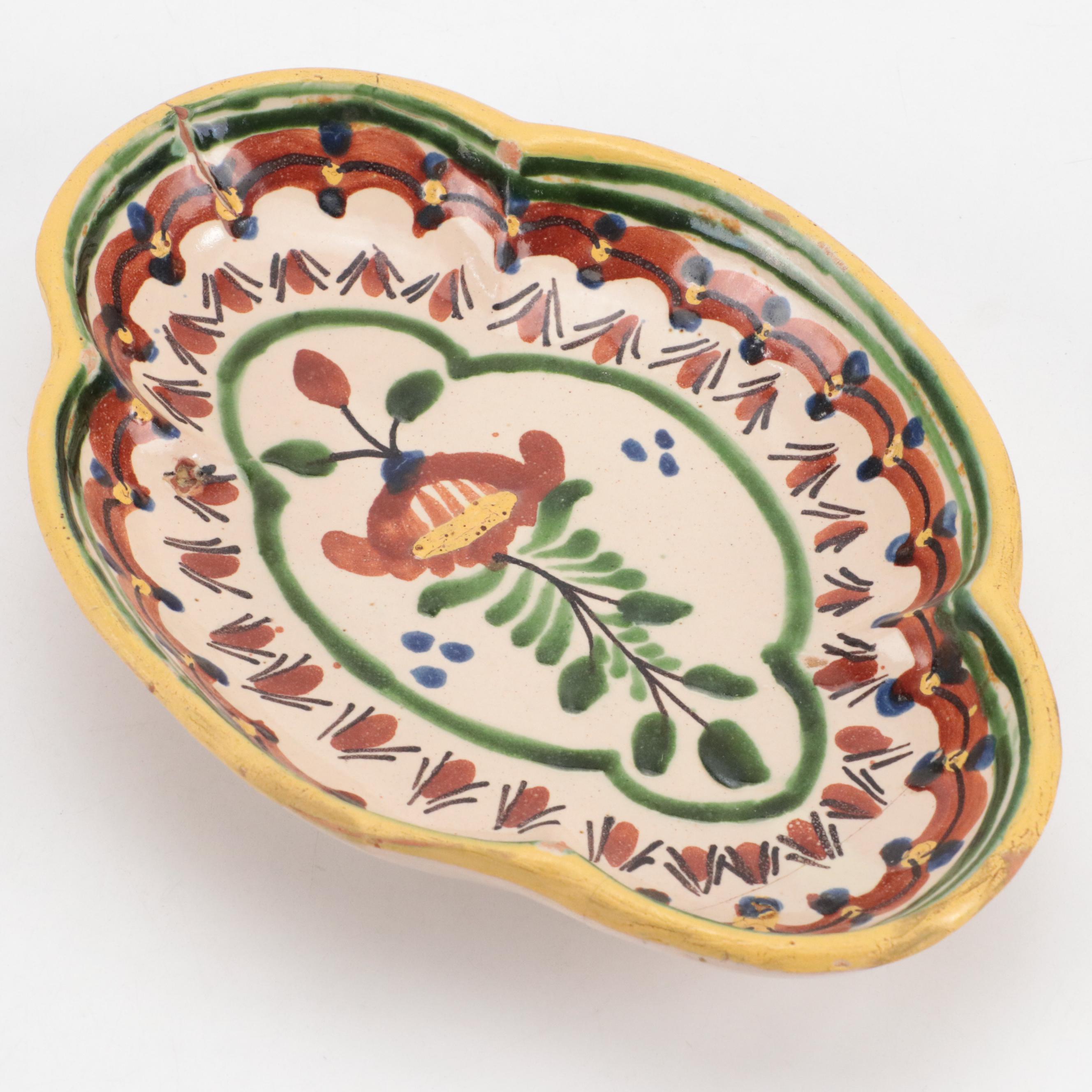 Hand-Painted Majolica Pottery Jugs and Quatrefoil Bowl