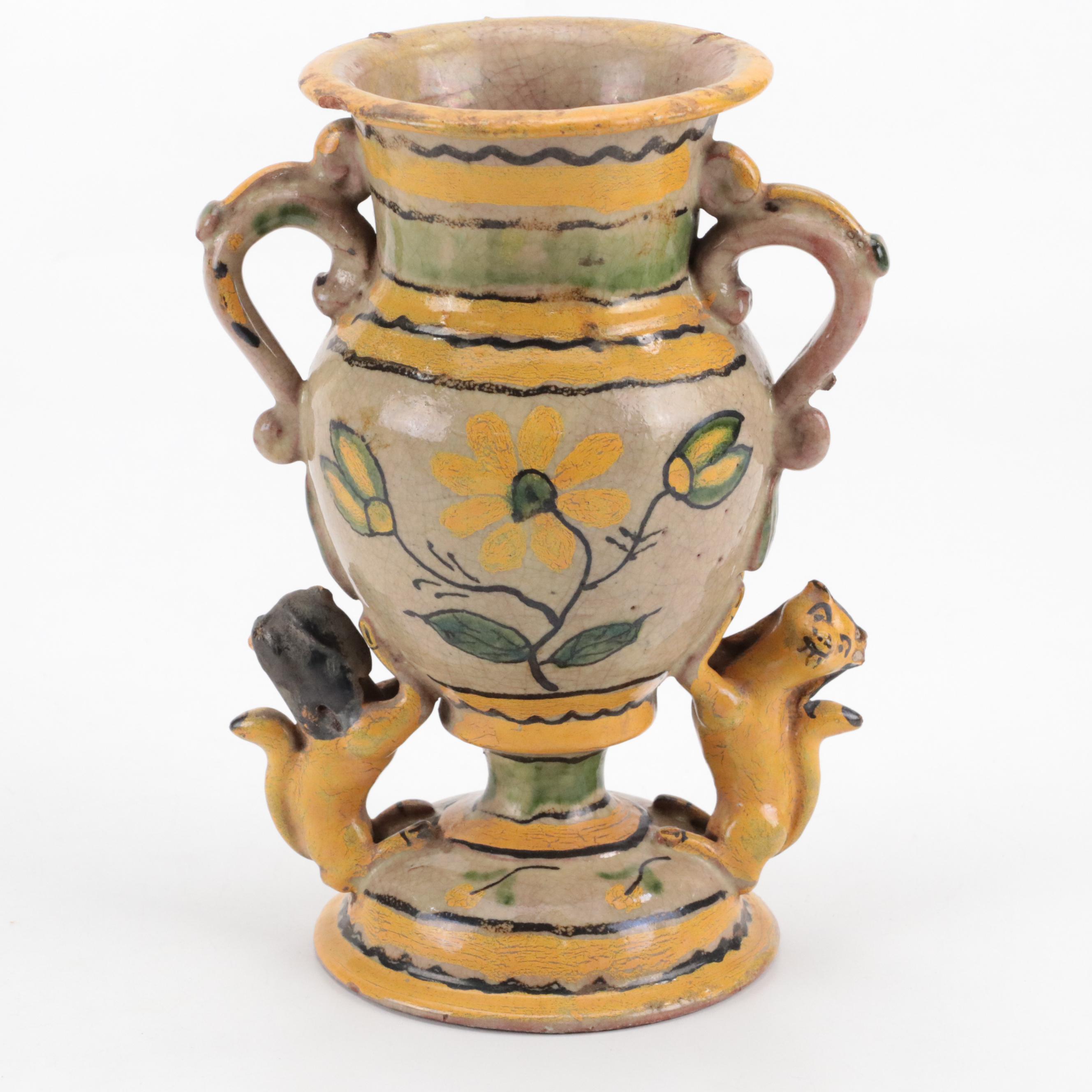 Hand-Painted Majolica Pottery Jugs and Quatrefoil Bowl