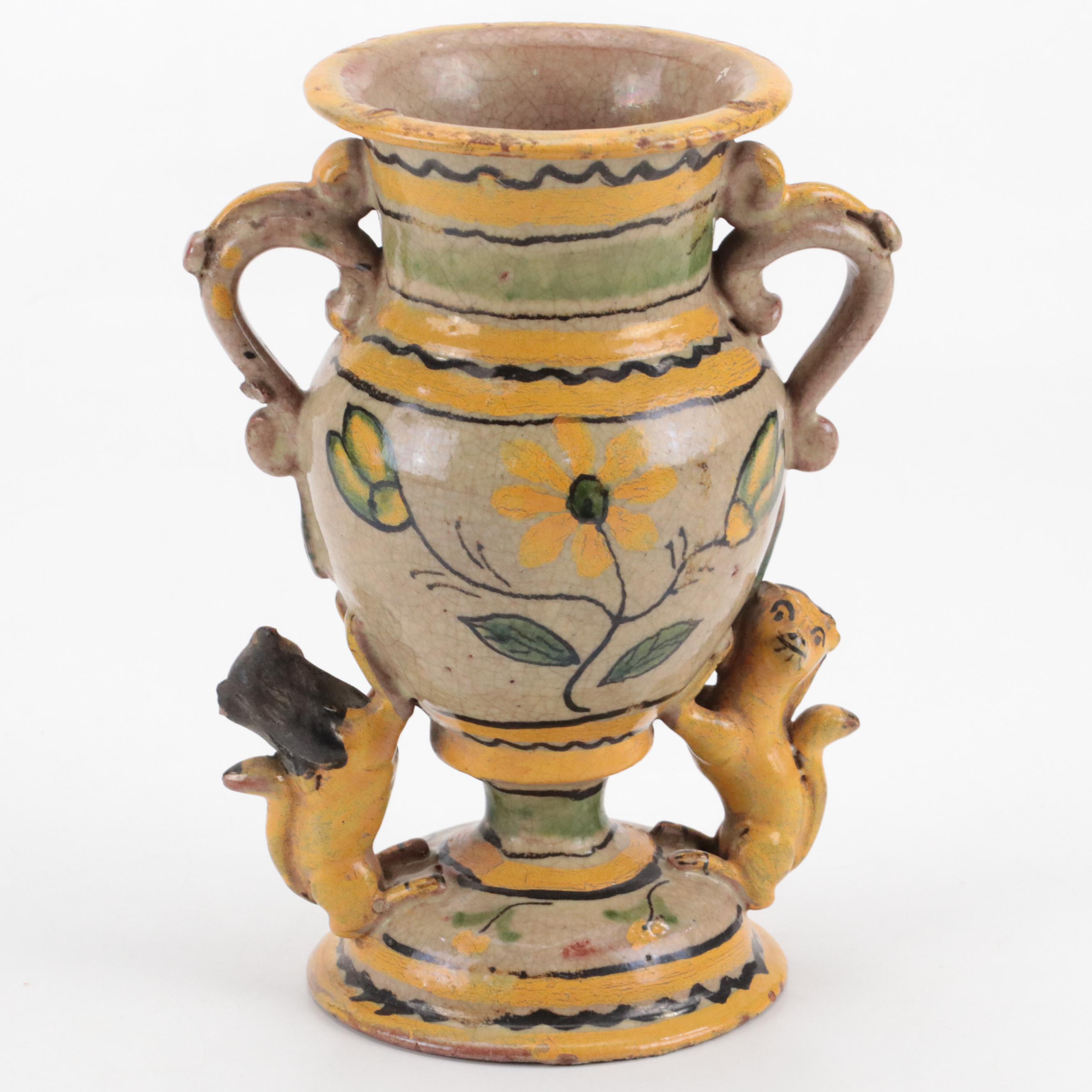 Hand-Painted Majolica Pottery Jugs and Quatrefoil Bowl