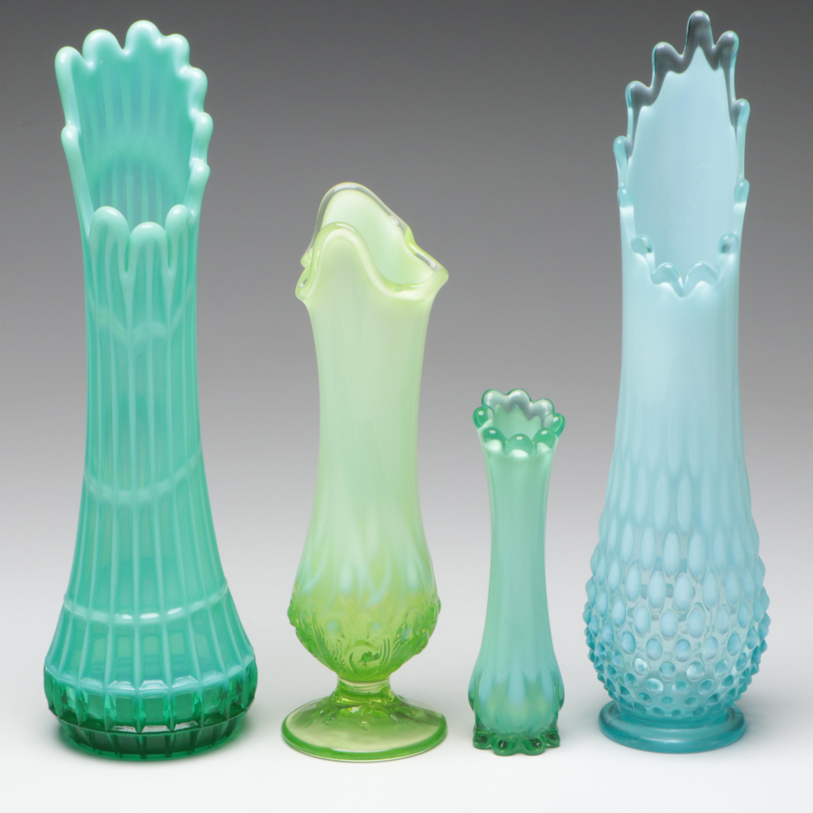 Fenton Blue, Aqua and Green Opalescent, Fostoria Heirloom Swung Glass Vases