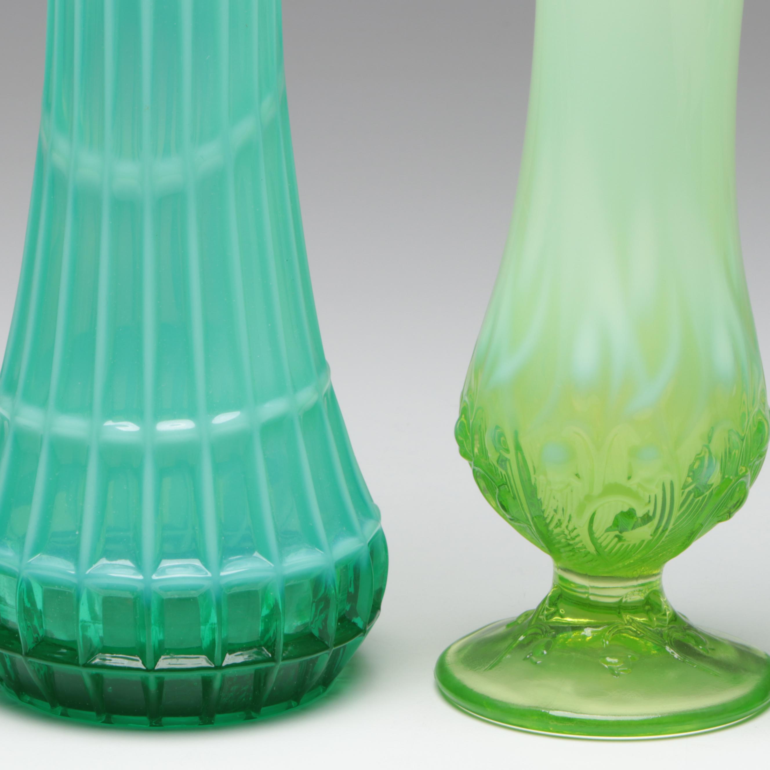 Fenton Blue, Aqua and Green Opalescent, Fostoria Heirloom Swung Glass Vases