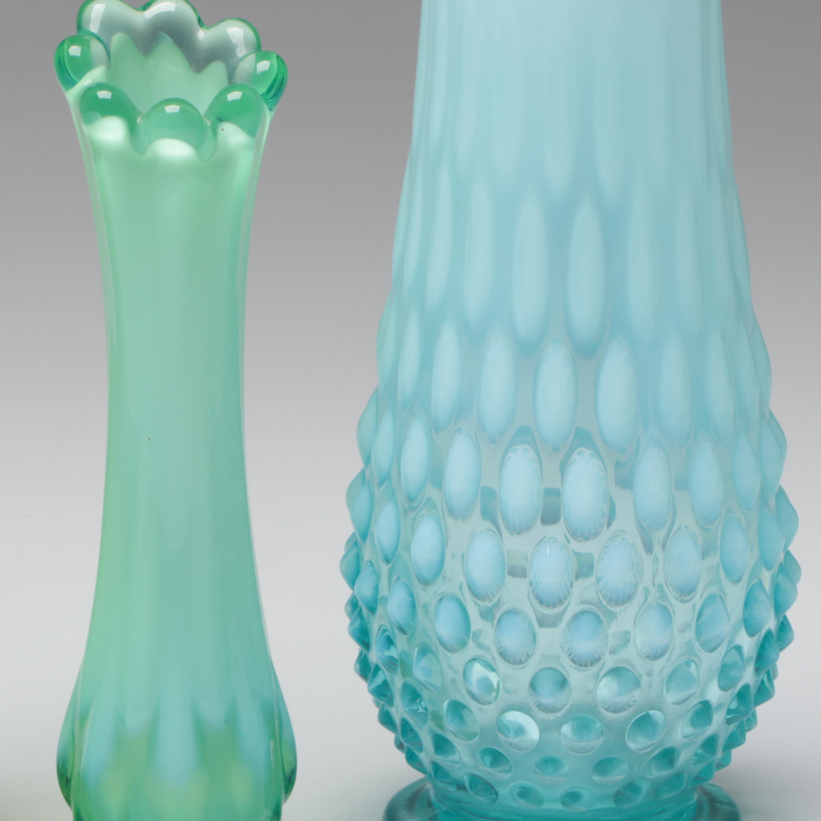 Fenton Blue, Aqua and Green Opalescent, Fostoria Heirloom Swung Glass Vases