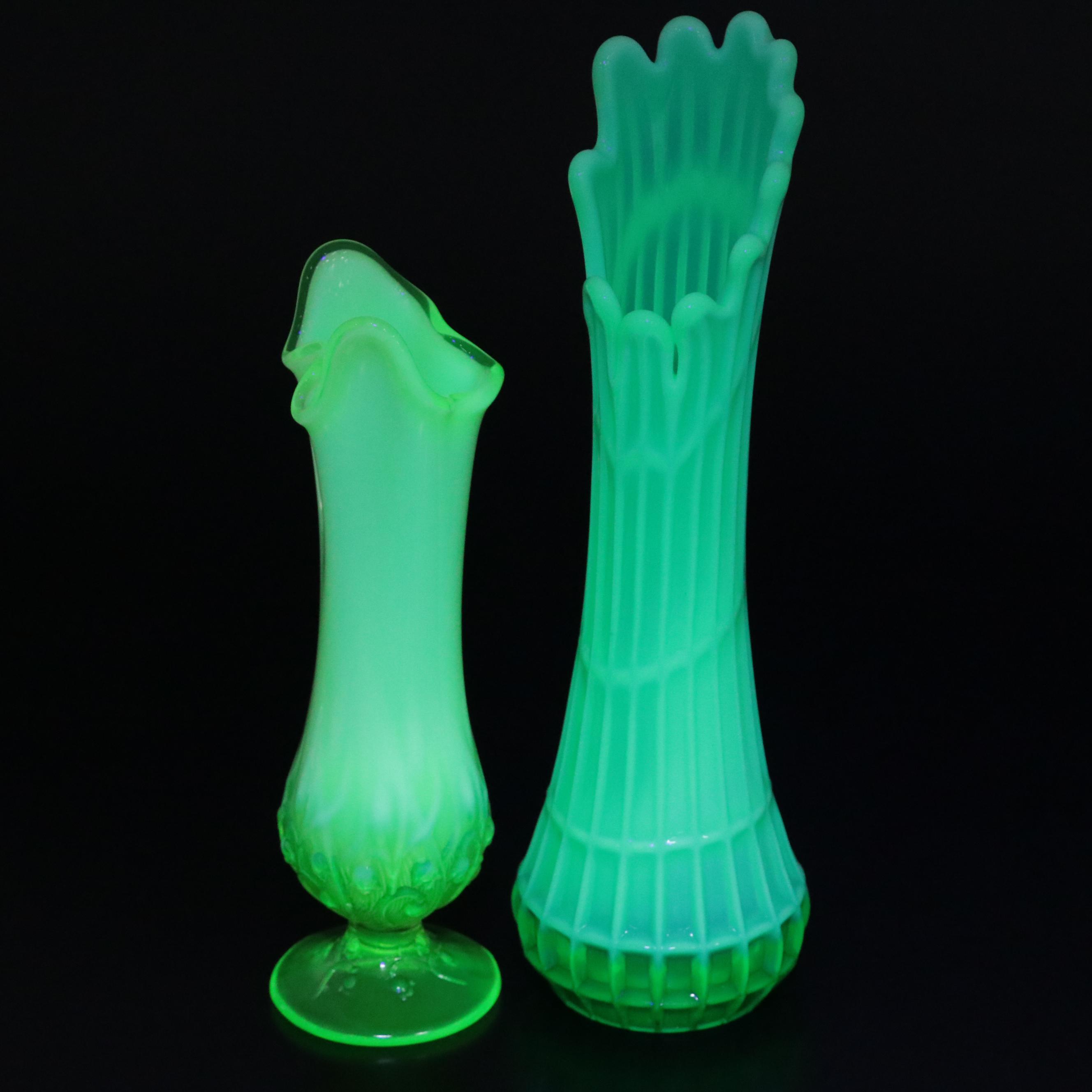 Fenton Blue, Aqua and Green Opalescent, Fostoria Heirloom Swung Glass Vases