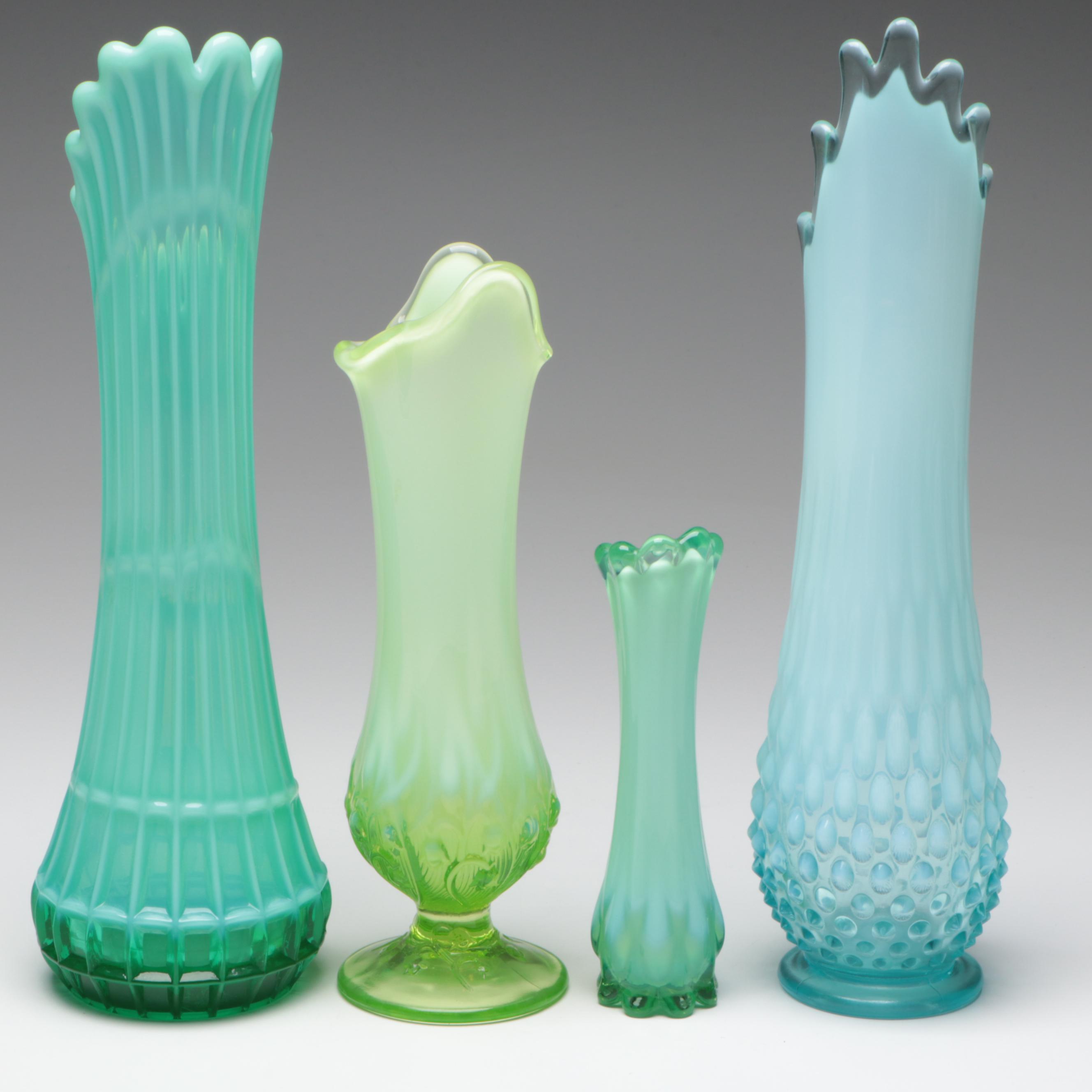 Fenton Blue, Aqua and Green Opalescent, Fostoria Heirloom Swung Glass Vases