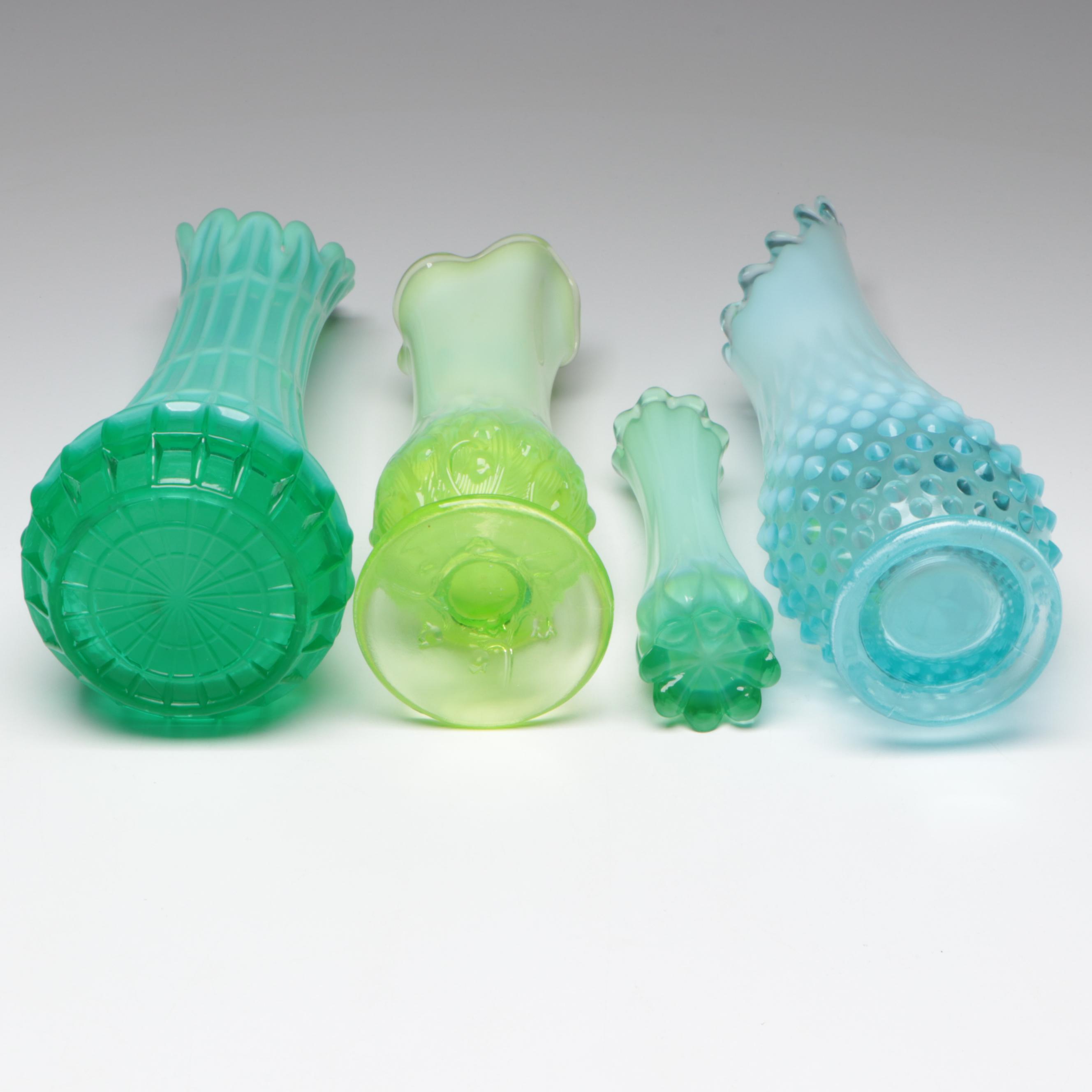 Fenton Blue, Aqua and Green Opalescent, Fostoria Heirloom Swung Glass Vases