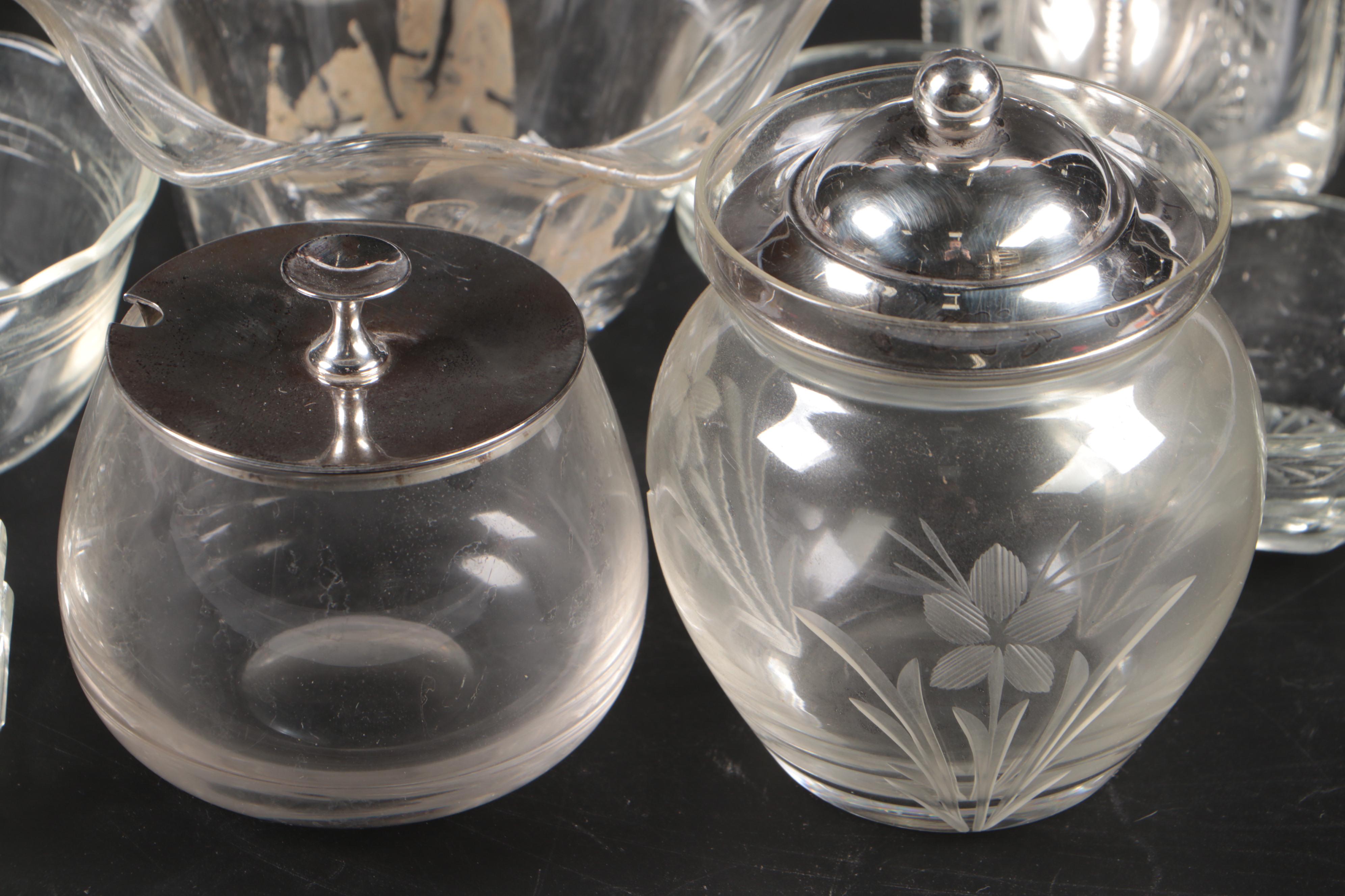 Gorham Sterling Lidded Crystal Jam Jars with Other Glass Dishes