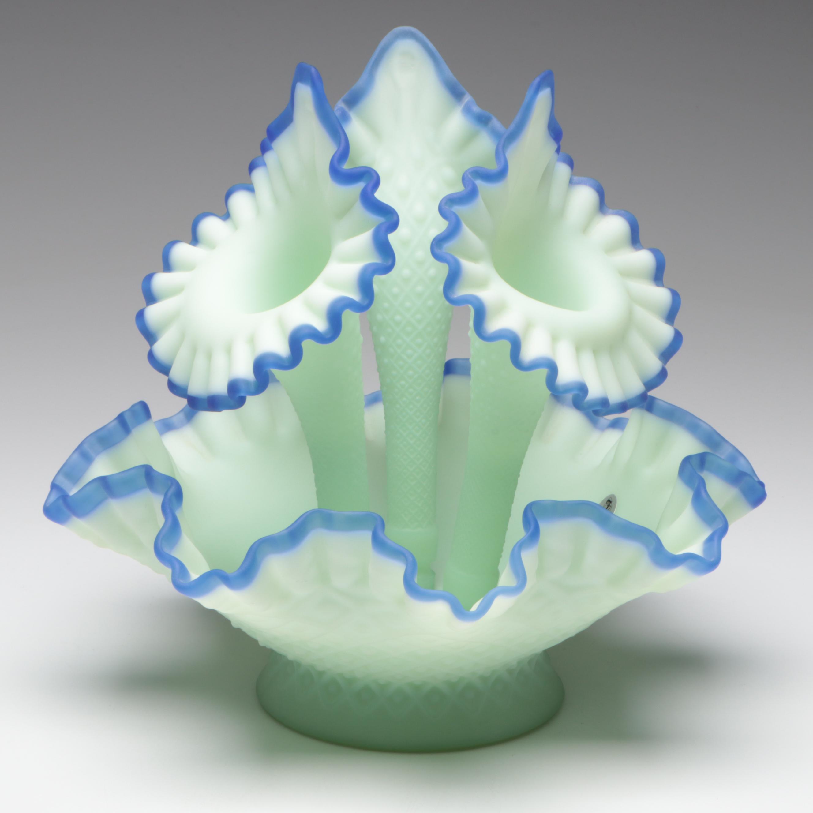 Fenton Blue Crest Sea Mist Satin Glass Epergne, 20th Century