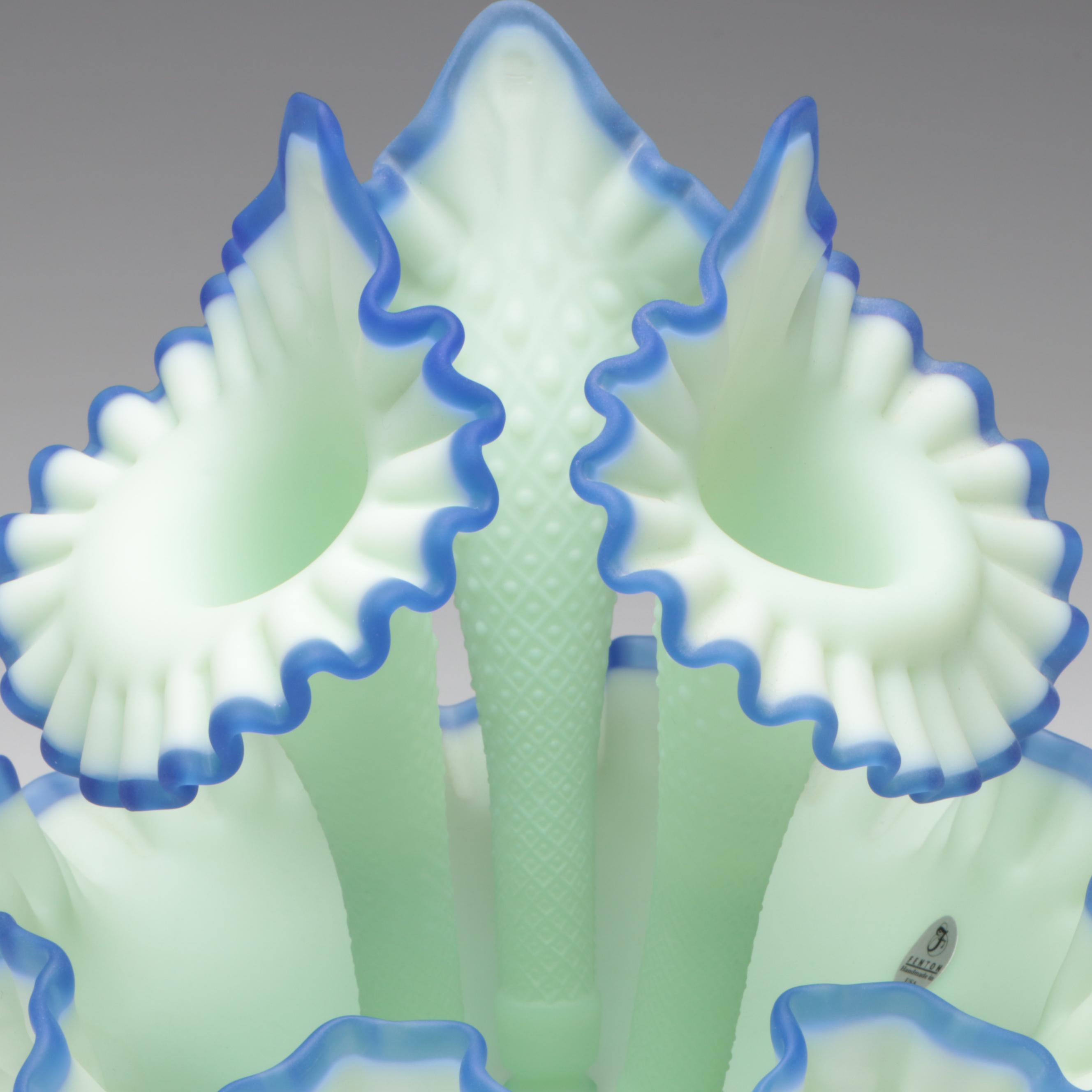Fenton Blue Crest Sea Mist Satin Glass Epergne, 20th Century