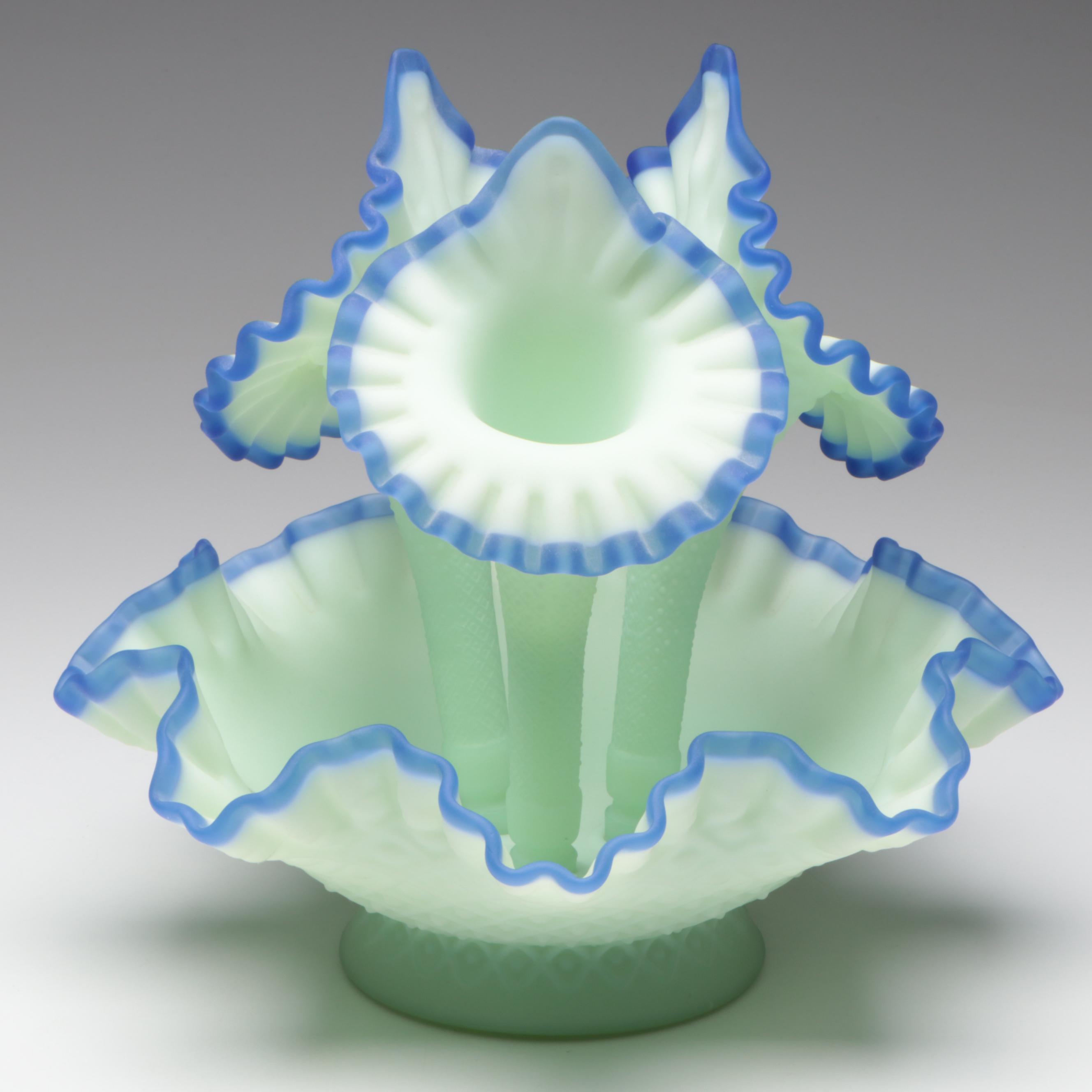 Fenton Blue Crest Sea Mist Satin Glass Epergne, 20th Century