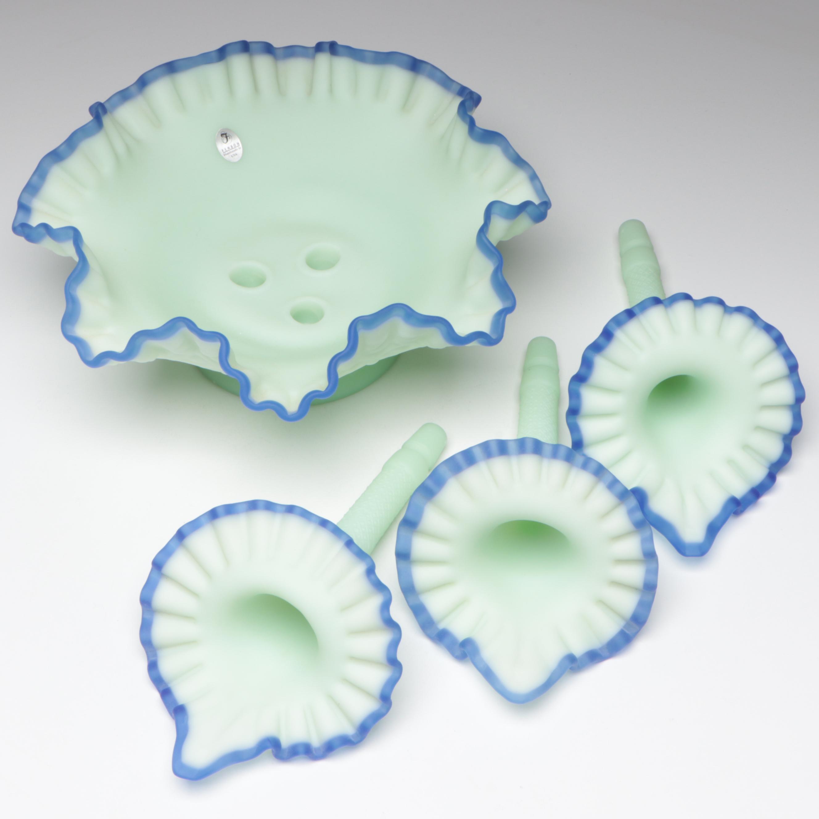 Fenton Blue Crest Sea Mist Satin Glass Epergne, 20th Century
