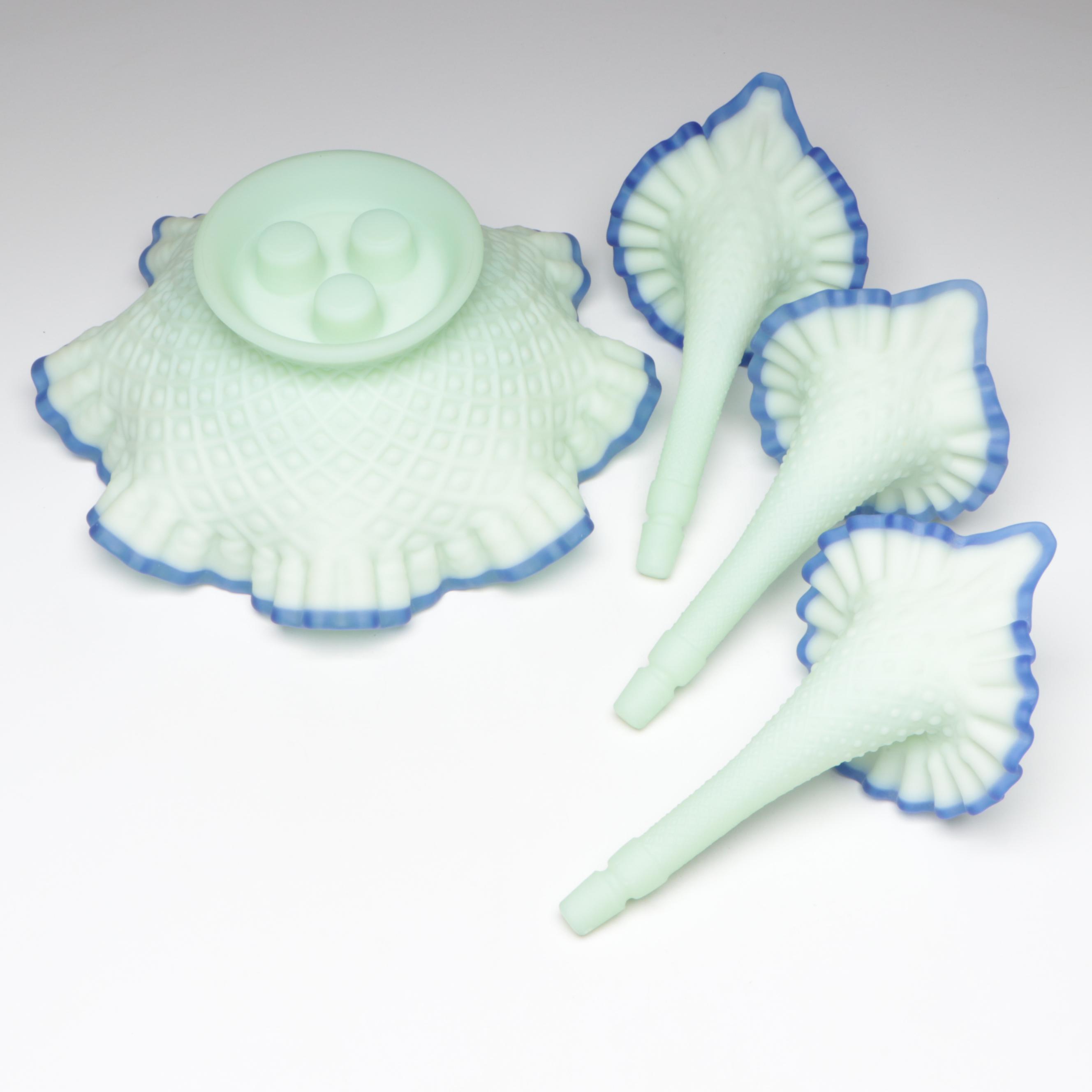 Fenton Blue Crest Sea Mist Satin Glass Epergne, 20th Century