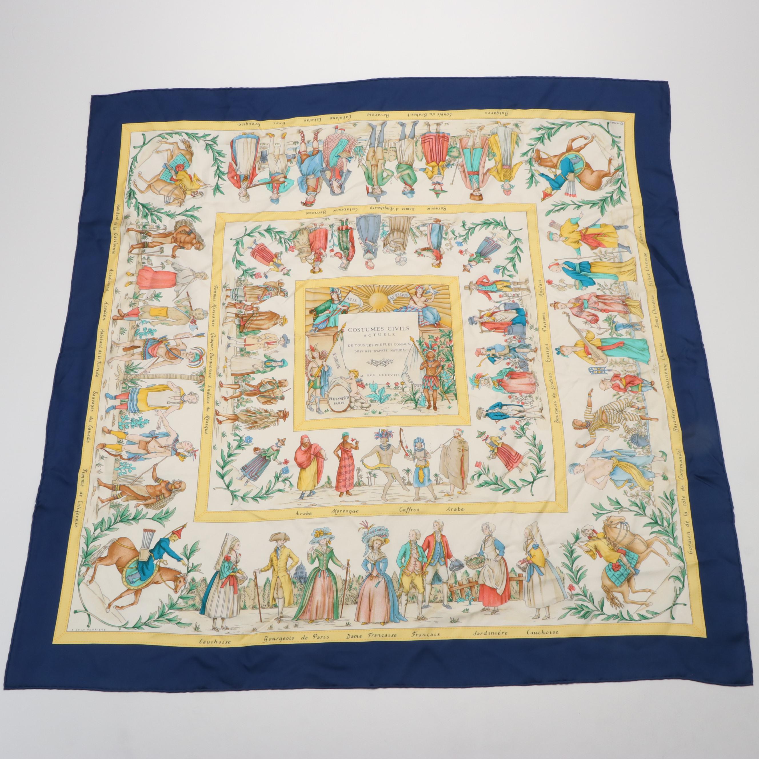 Hermès "Costumes Civils Actuels" Blue and Yellow Silk Scarf