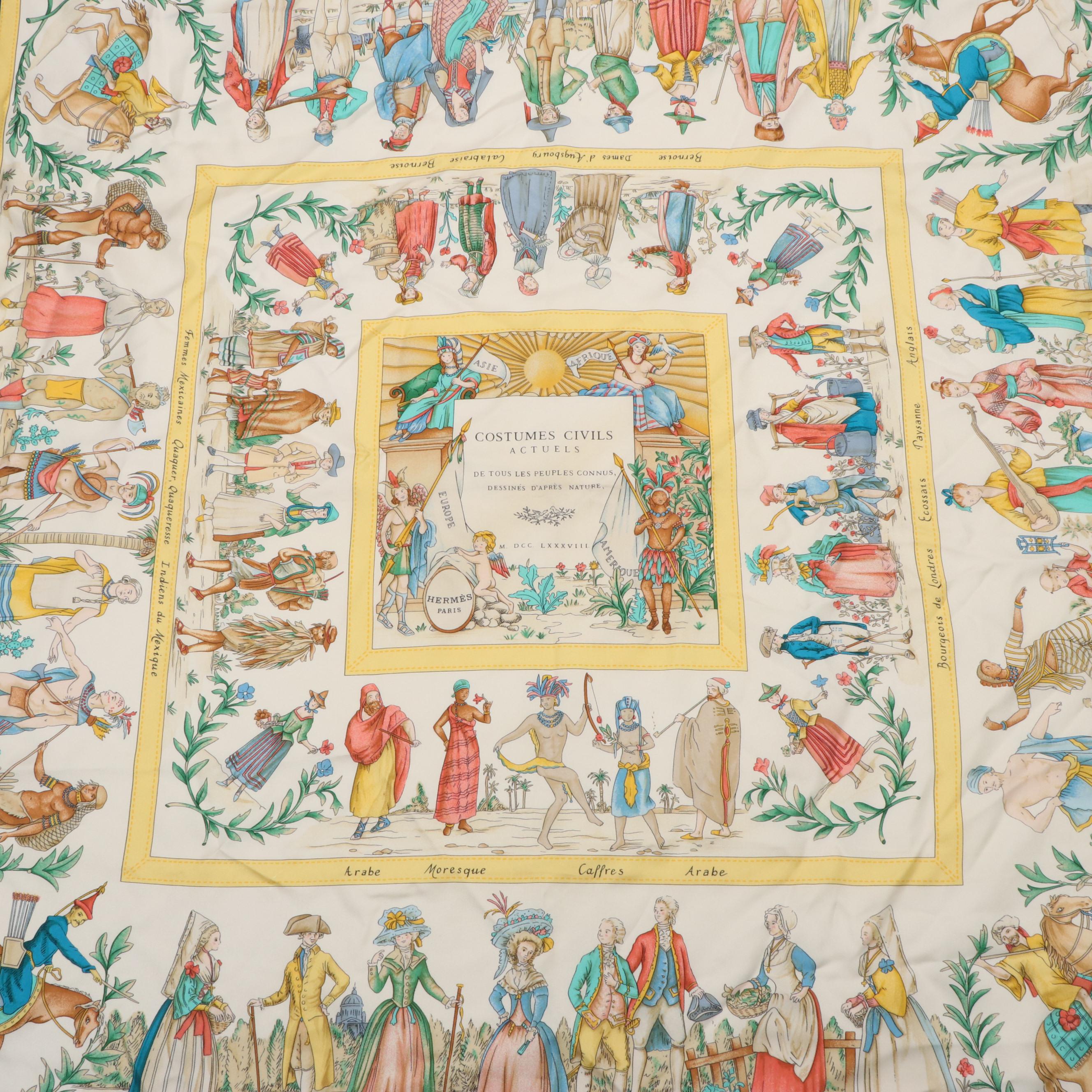 Hermès "Costumes Civils Actuels" Blue and Yellow Silk Scarf