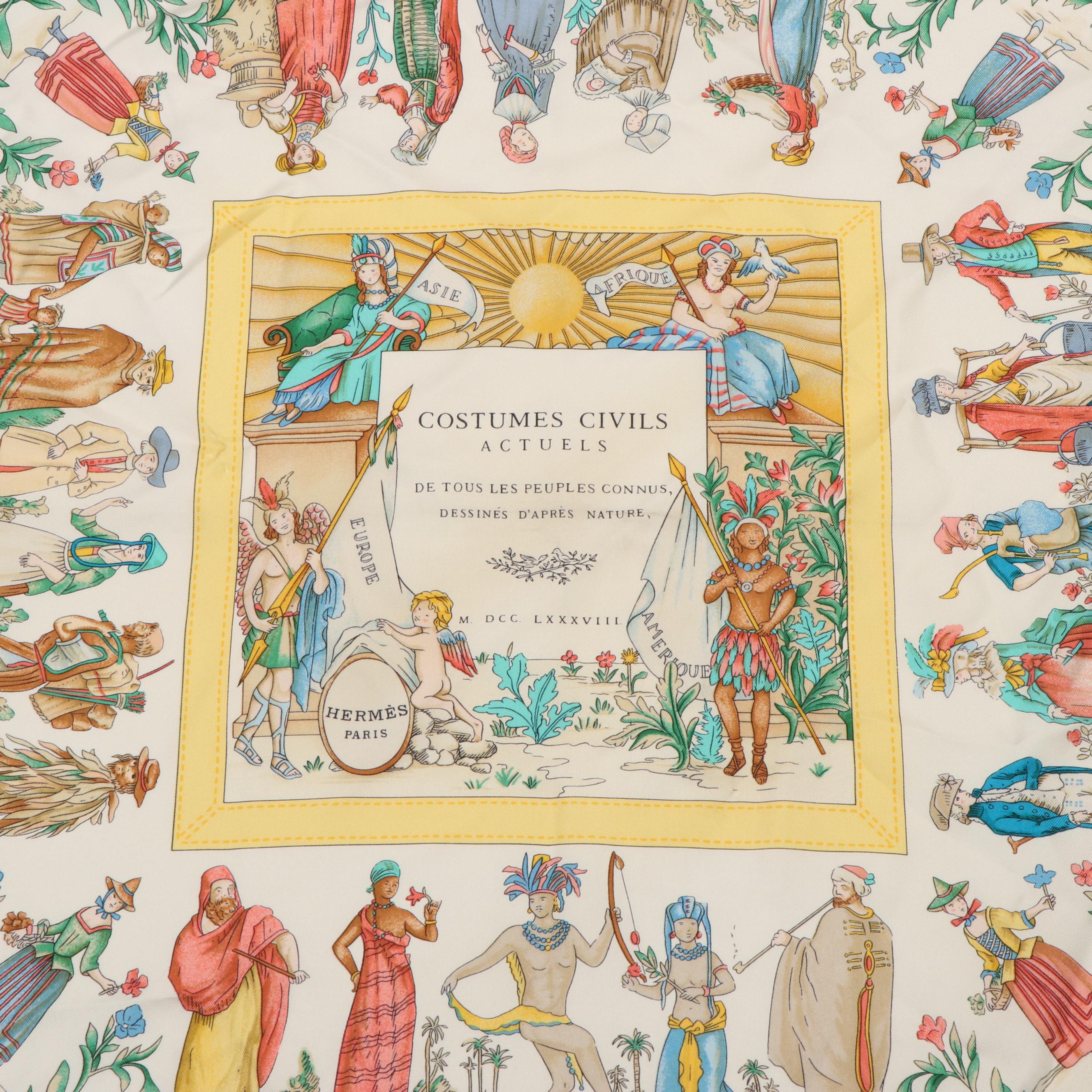 Hermès "Costumes Civils Actuels" Blue and Yellow Silk Scarf
