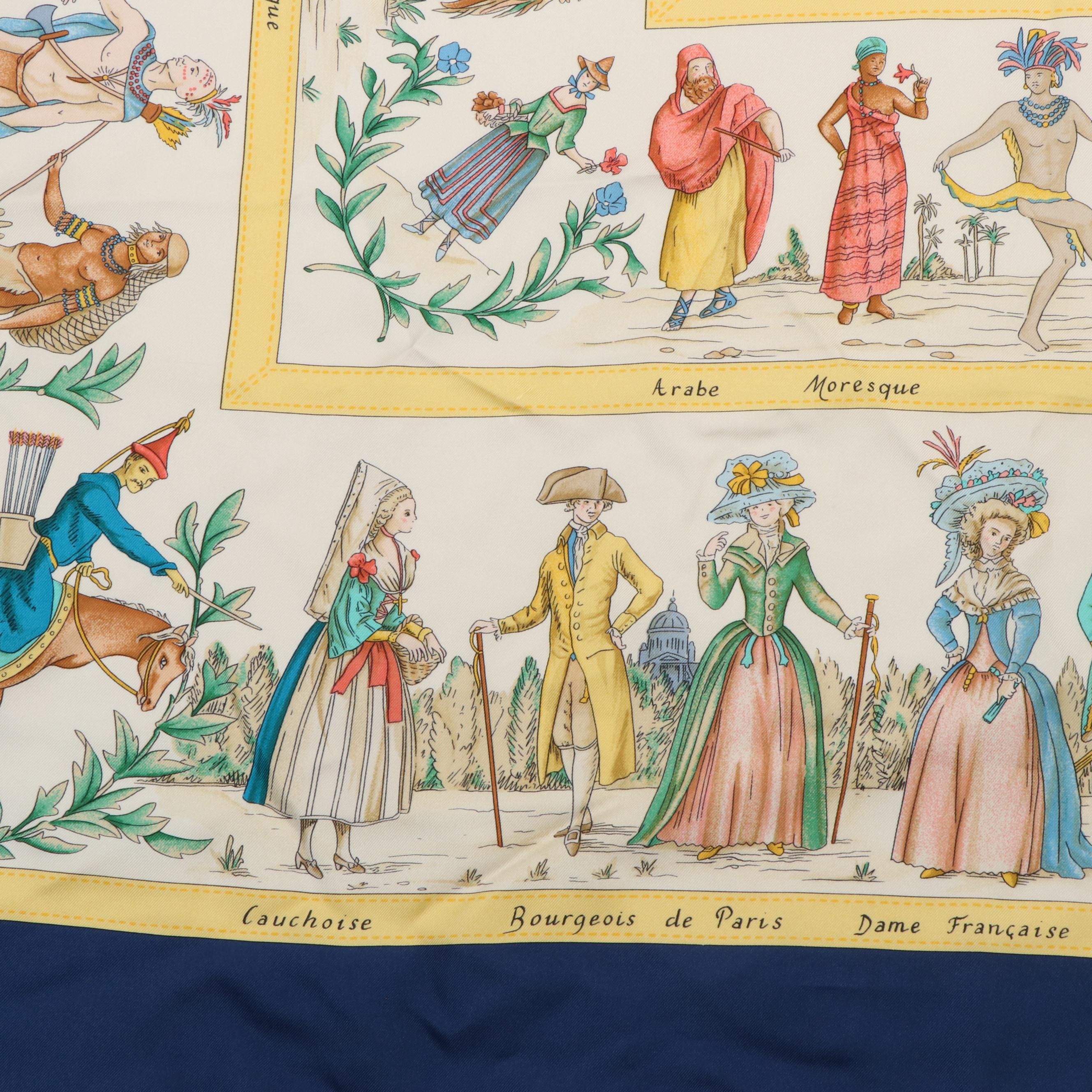 Hermès "Costumes Civils Actuels" Blue and Yellow Silk Scarf