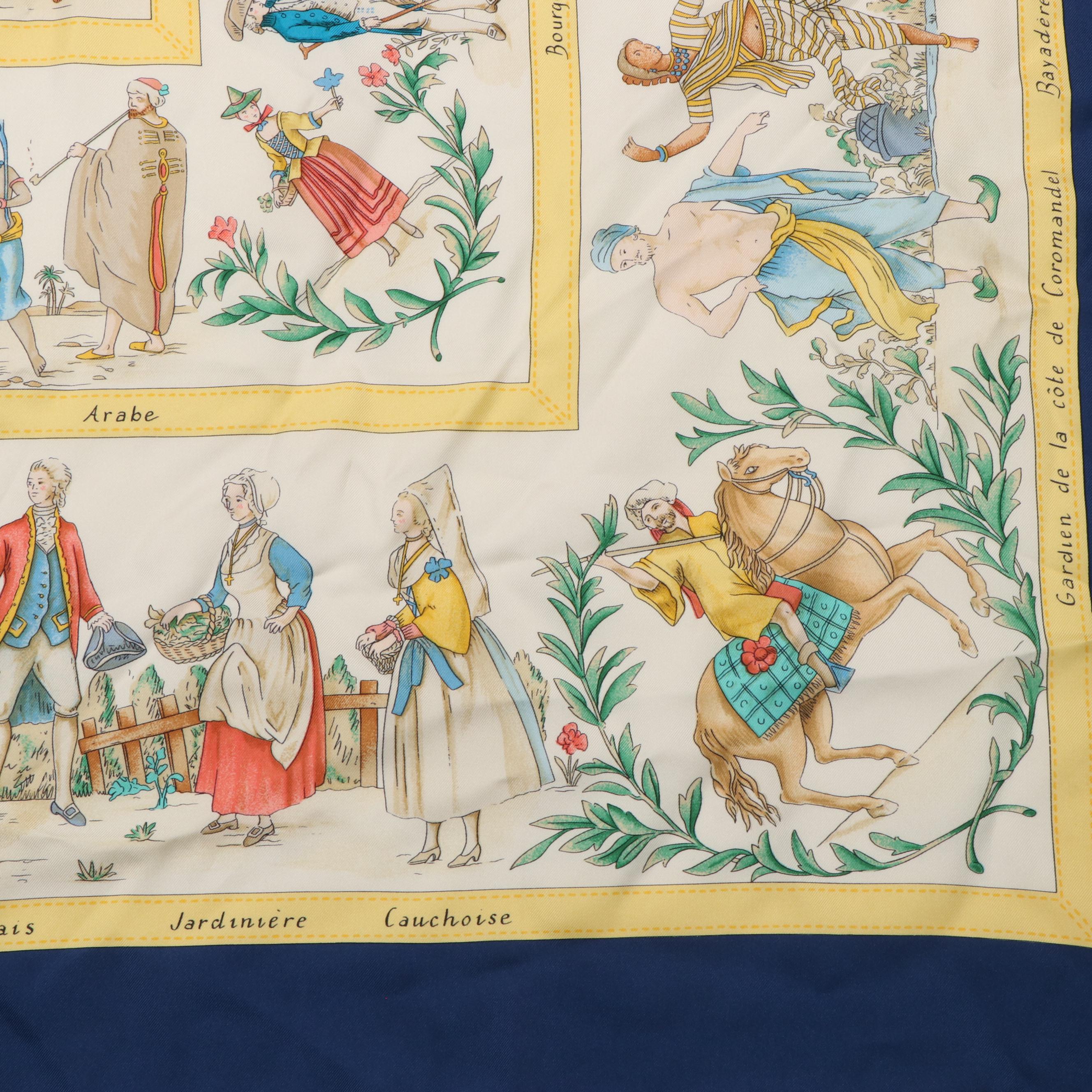 Hermès "Costumes Civils Actuels" Blue and Yellow Silk Scarf