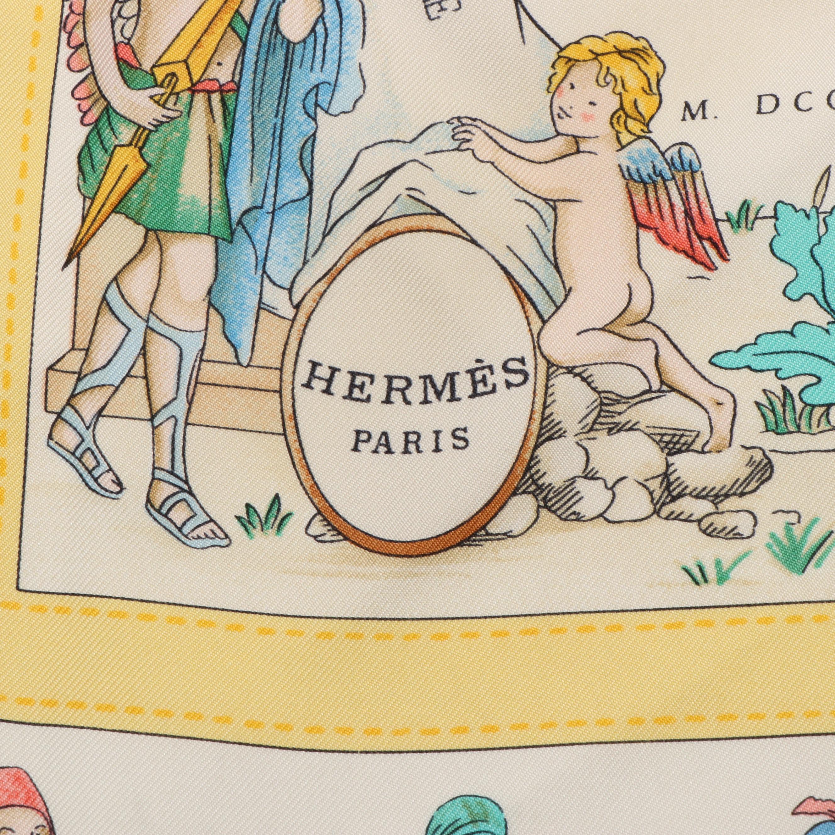 Hermès "Costumes Civils Actuels" Blue and Yellow Silk Scarf