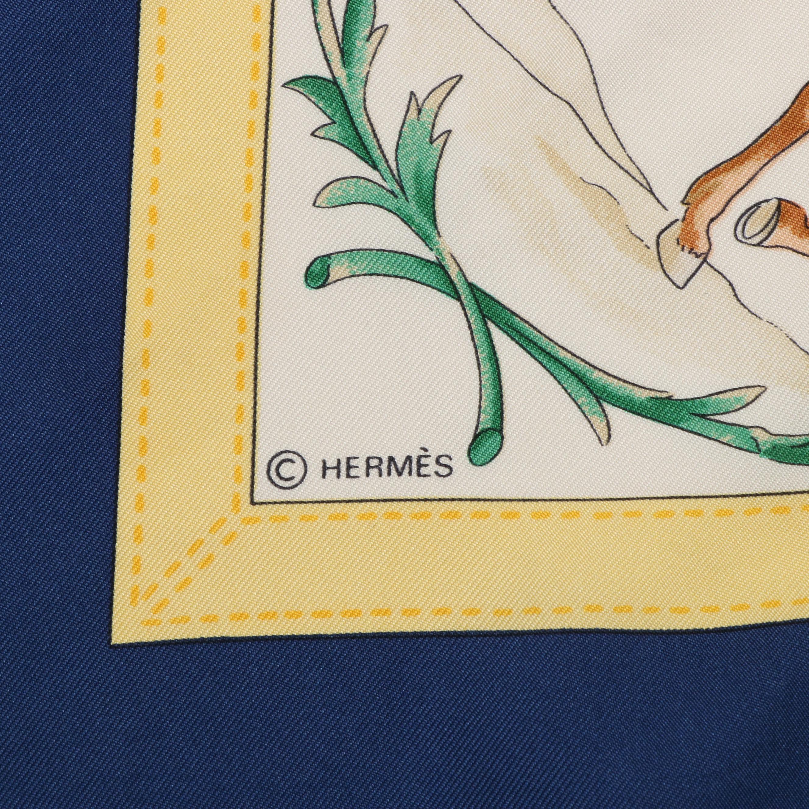 Hermès "Costumes Civils Actuels" Blue and Yellow Silk Scarf