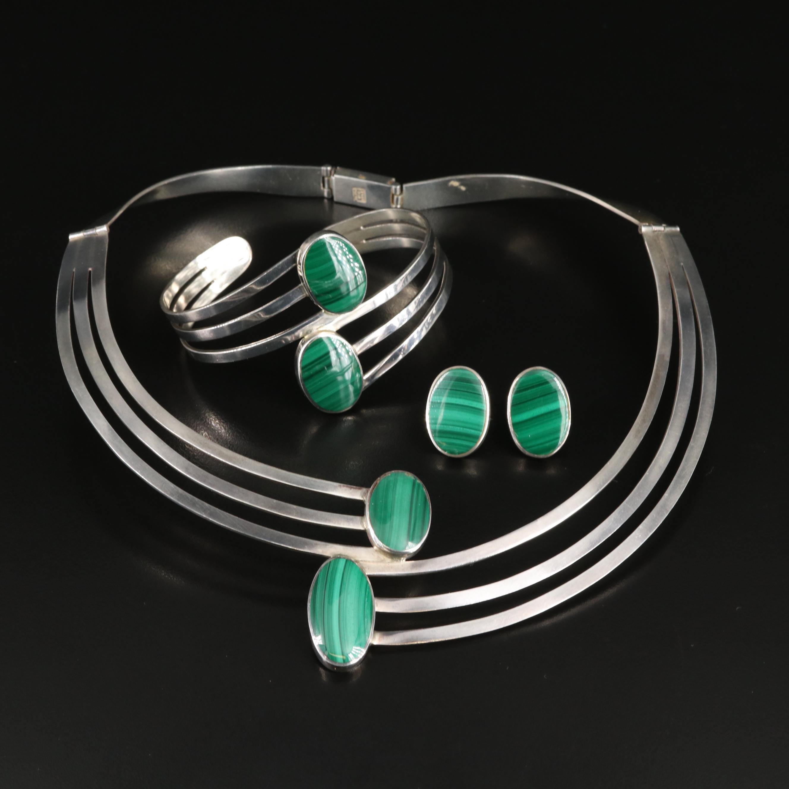 Plata Mexican 970 Silver Malachite Jewelry Set