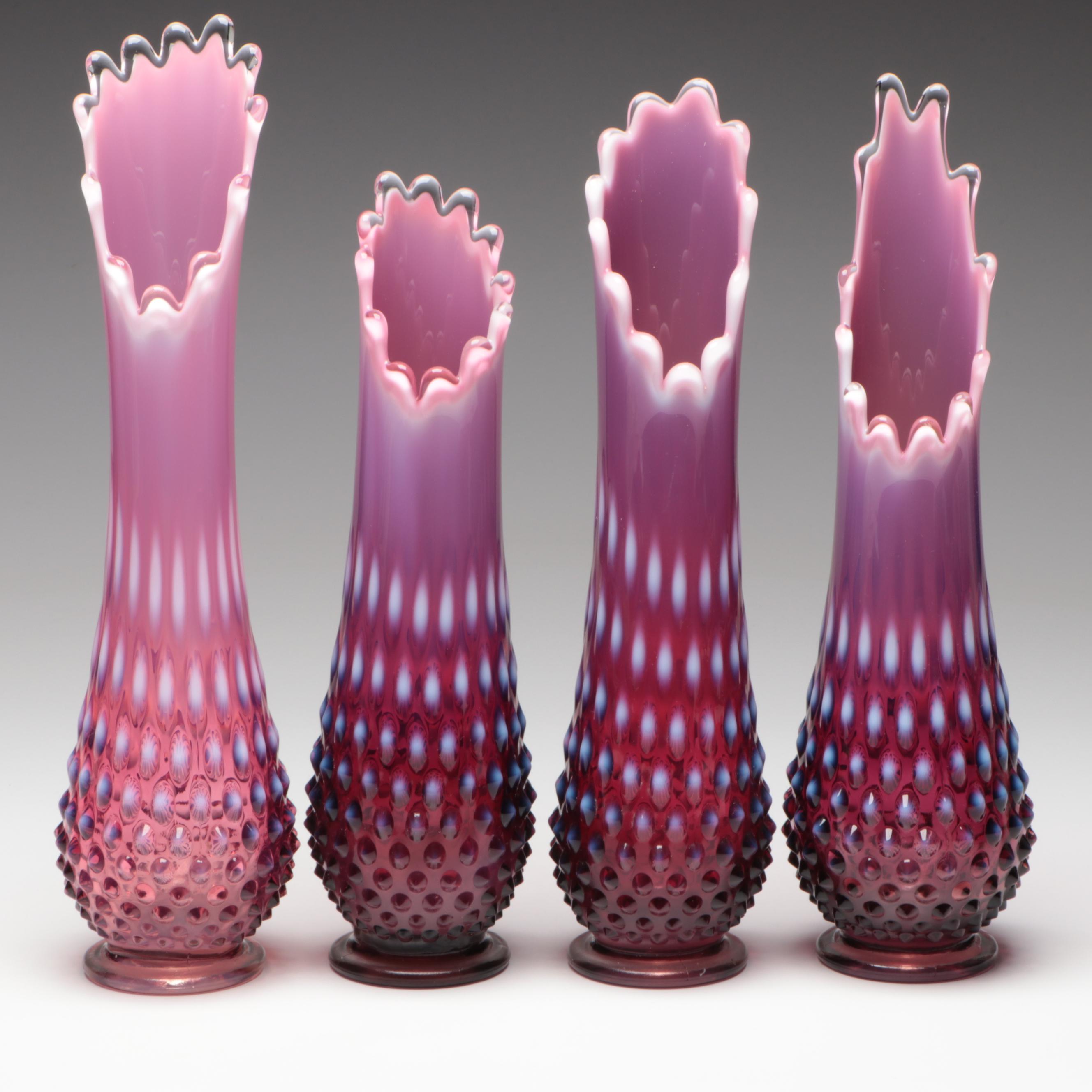 Fenton Hobnail Plum Swung Glass Vases, Mid to Late 20th Century