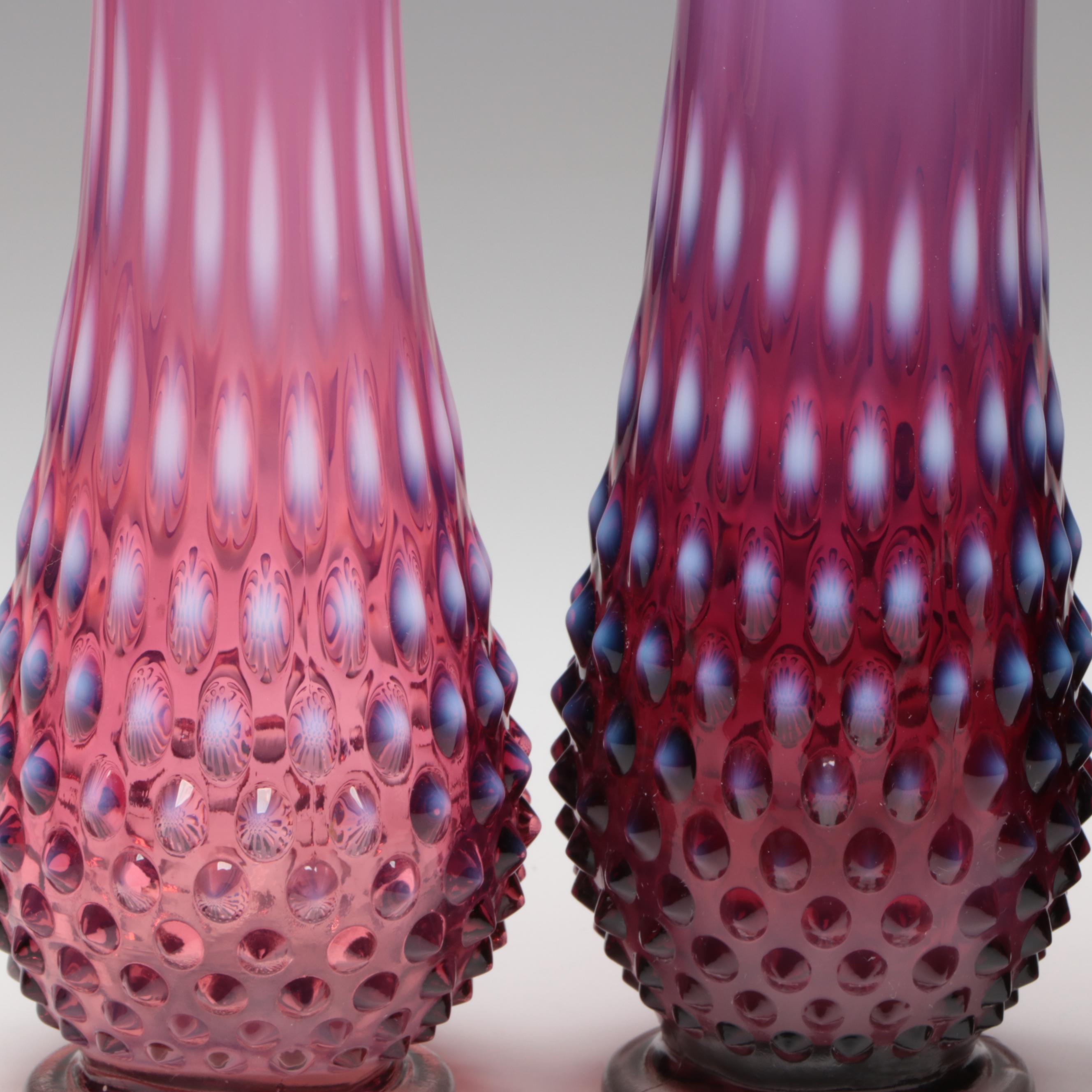Fenton Hobnail Plum Swung Glass Vases, Mid to Late 20th Century