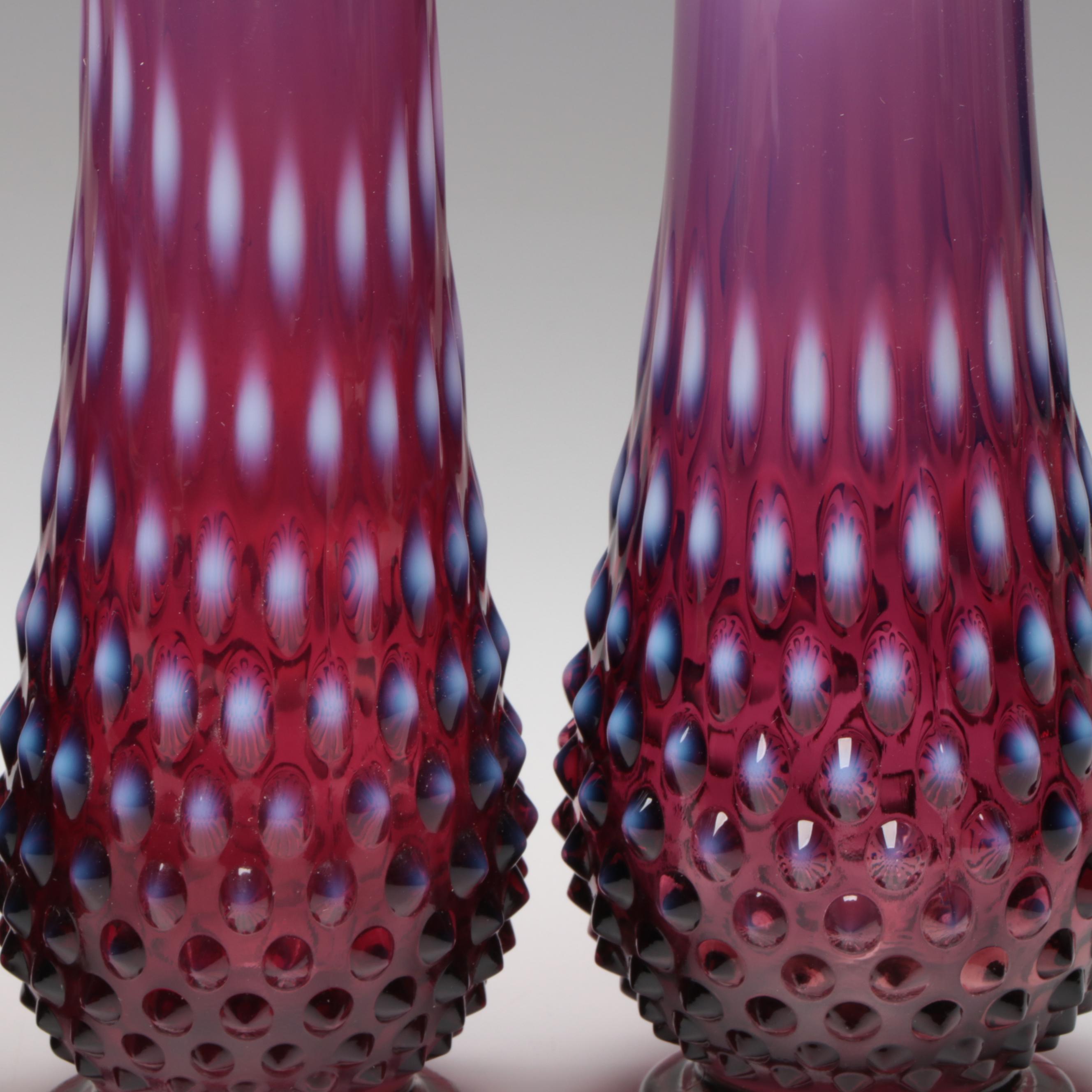 Fenton Hobnail Plum Swung Glass Vases, Mid to Late 20th Century