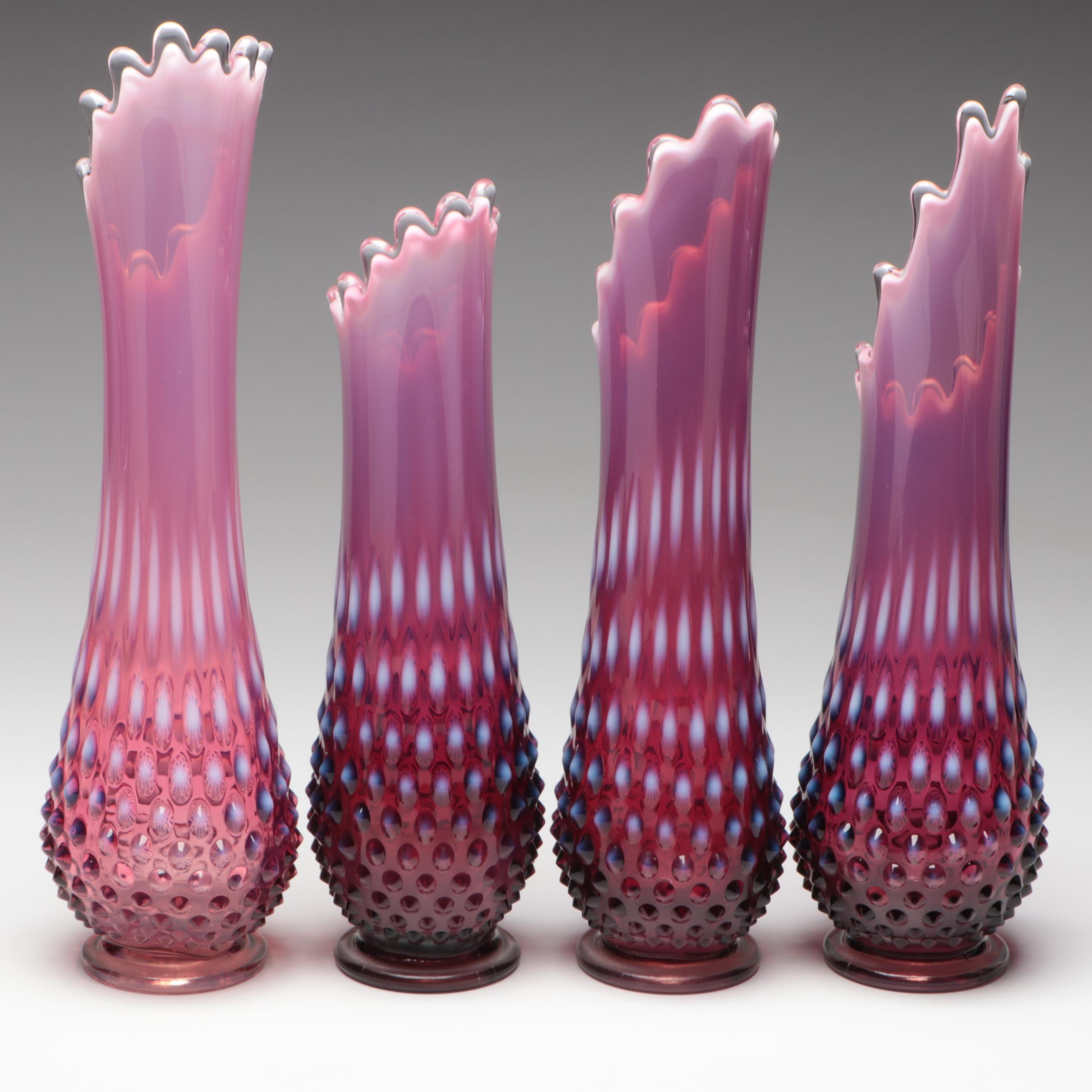 Fenton Hobnail Plum Swung Glass Vases, Mid to Late 20th Century
