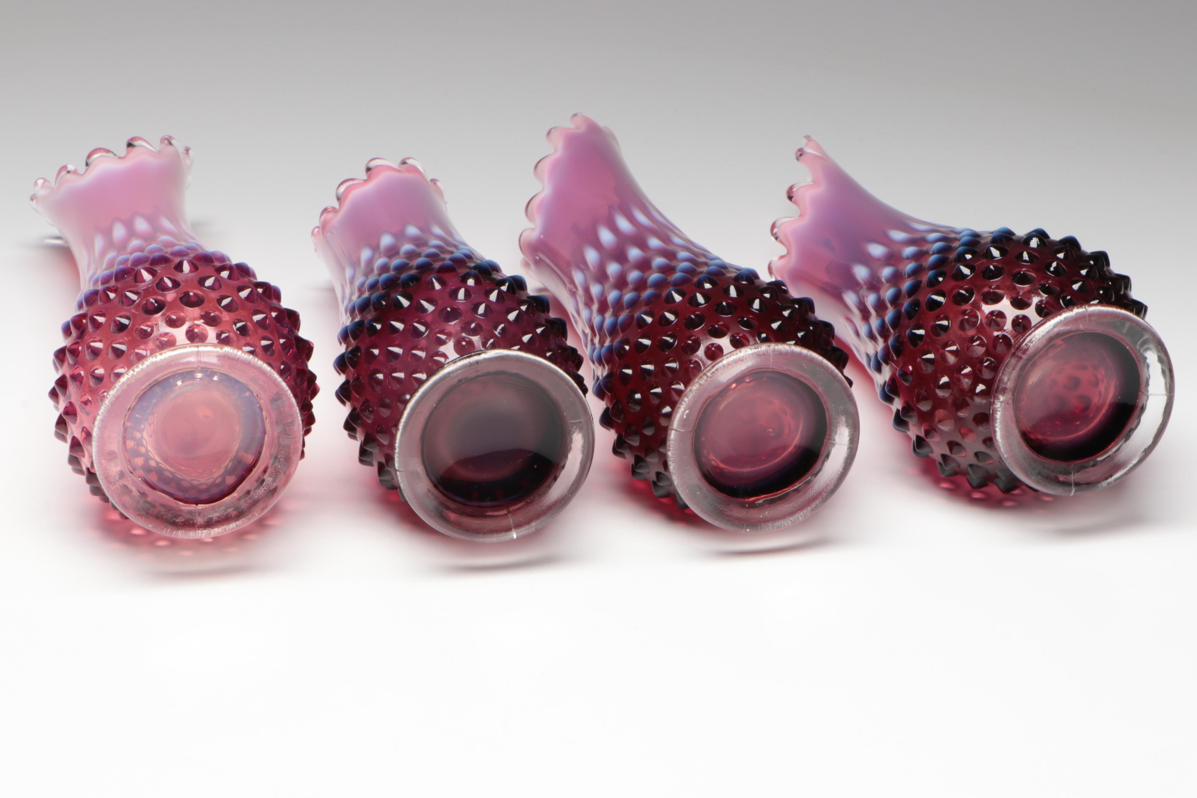Fenton Hobnail Plum Swung Glass Vases, Mid to Late 20th Century