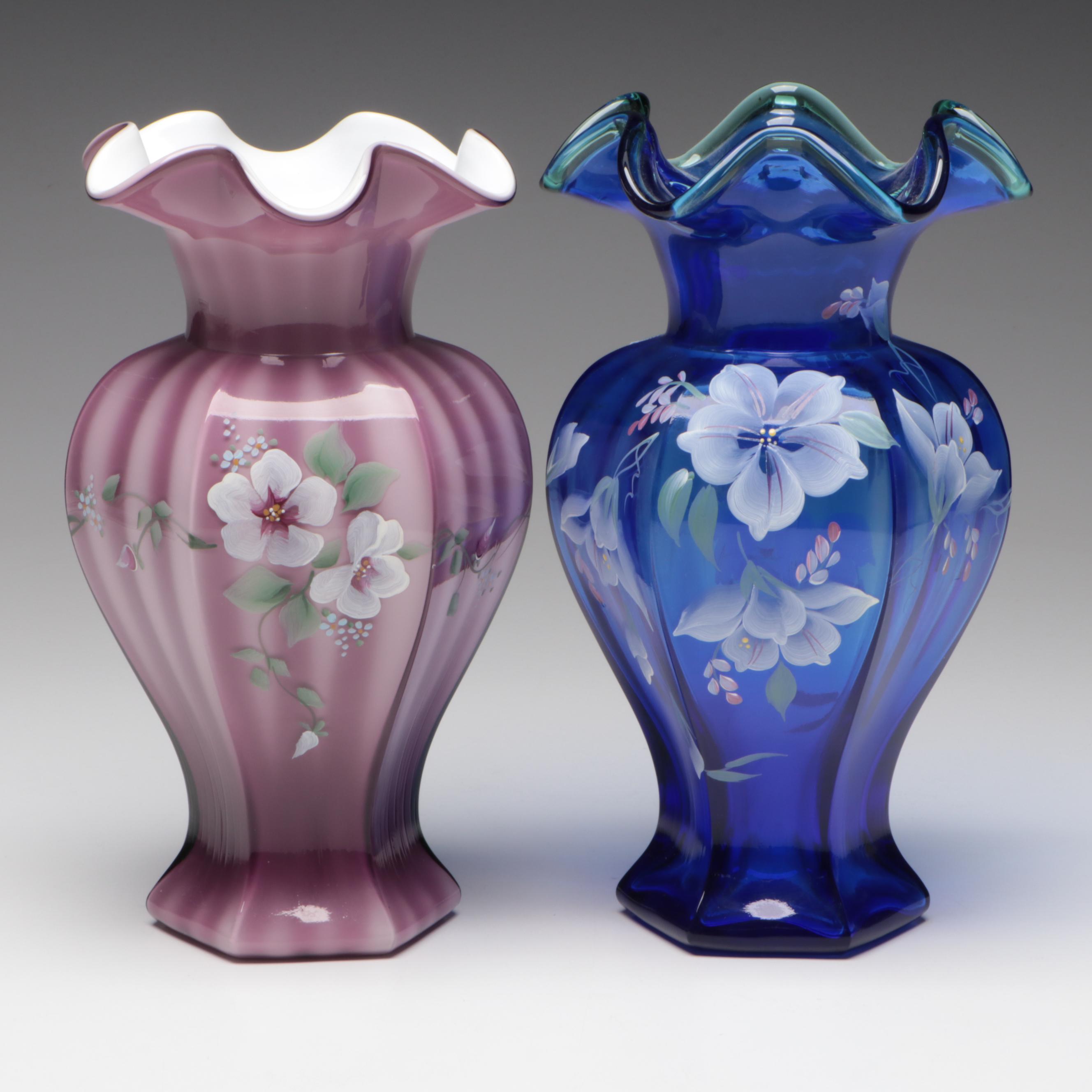 Fenton Hand-Painted Glass Vases Featuring 75th Anniversary Celebration Vase