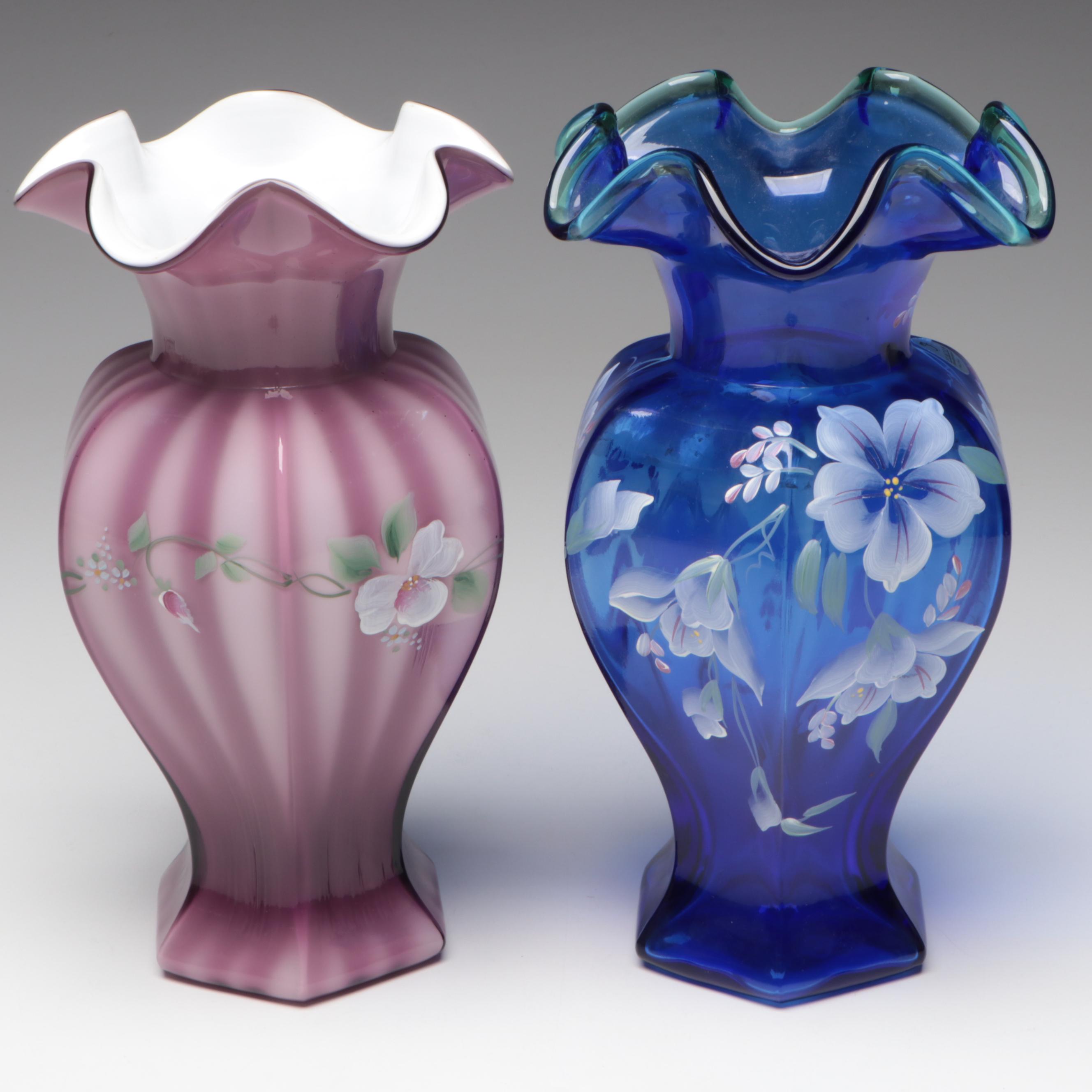 Fenton Hand-Painted Glass Vases Featuring 75th Anniversary Celebration Vase