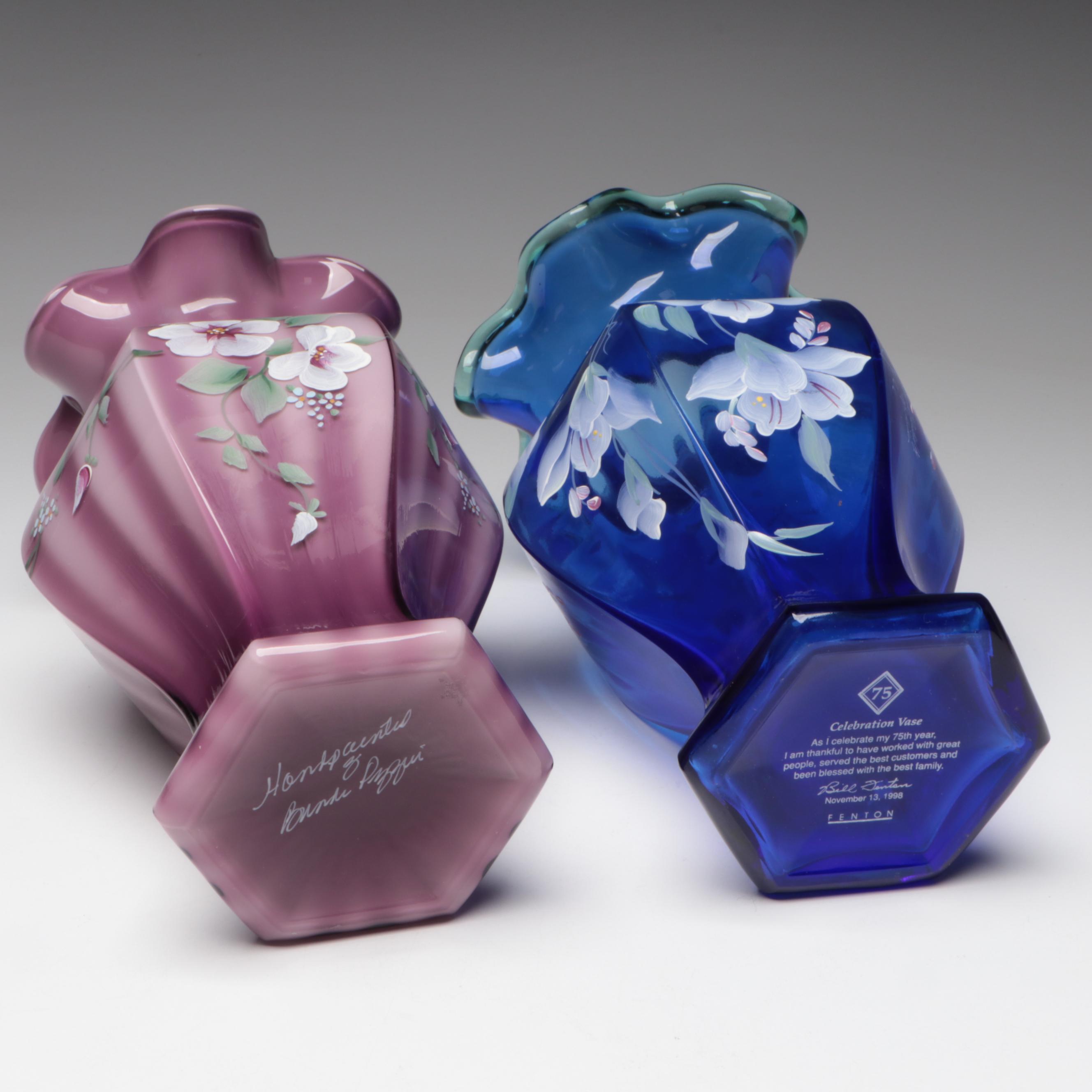 Fenton Hand-Painted Glass Vases Featuring 75th Anniversary Celebration Vase