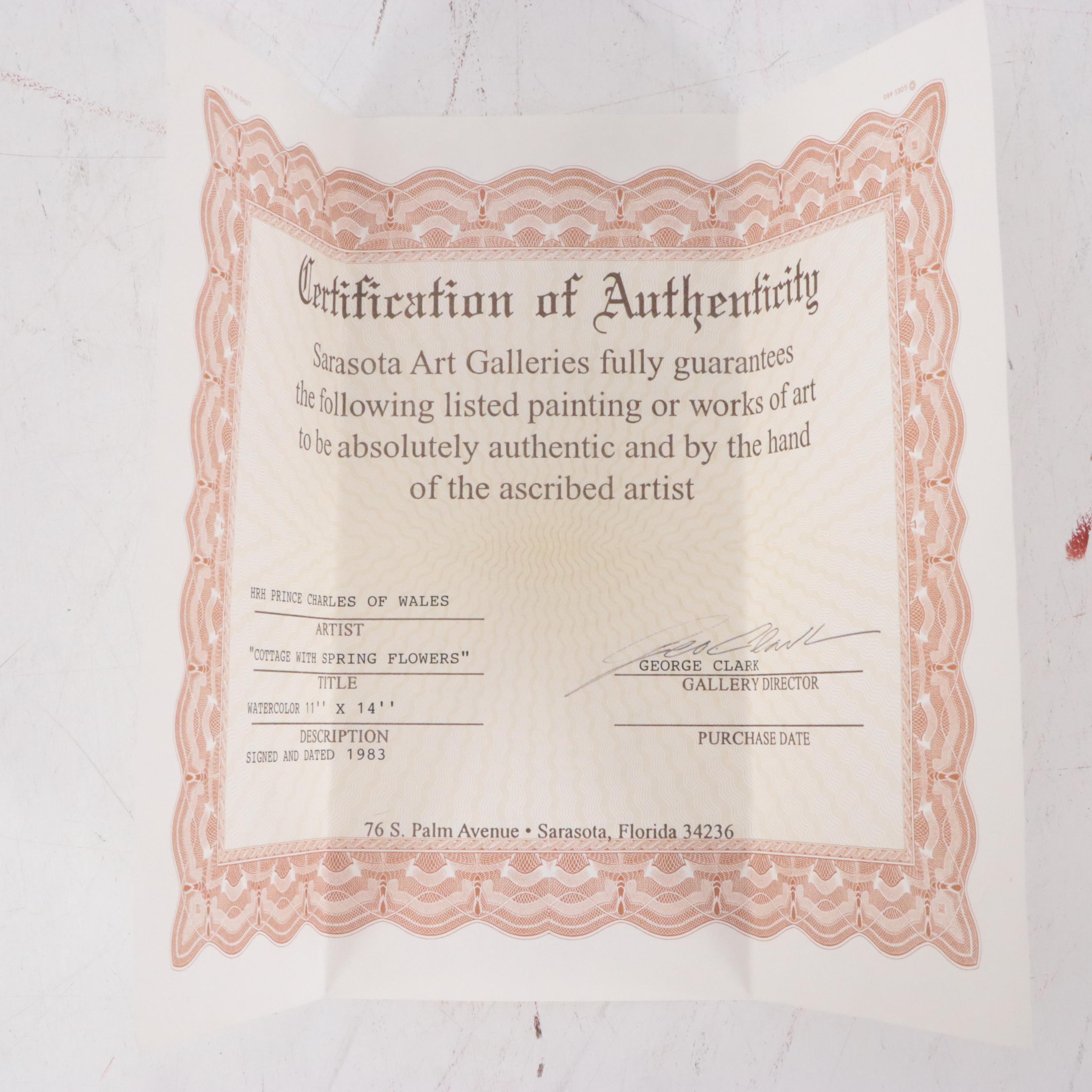 King Charles III Watercolor Painting "Cottage with Spring Flowers, Sutherland"