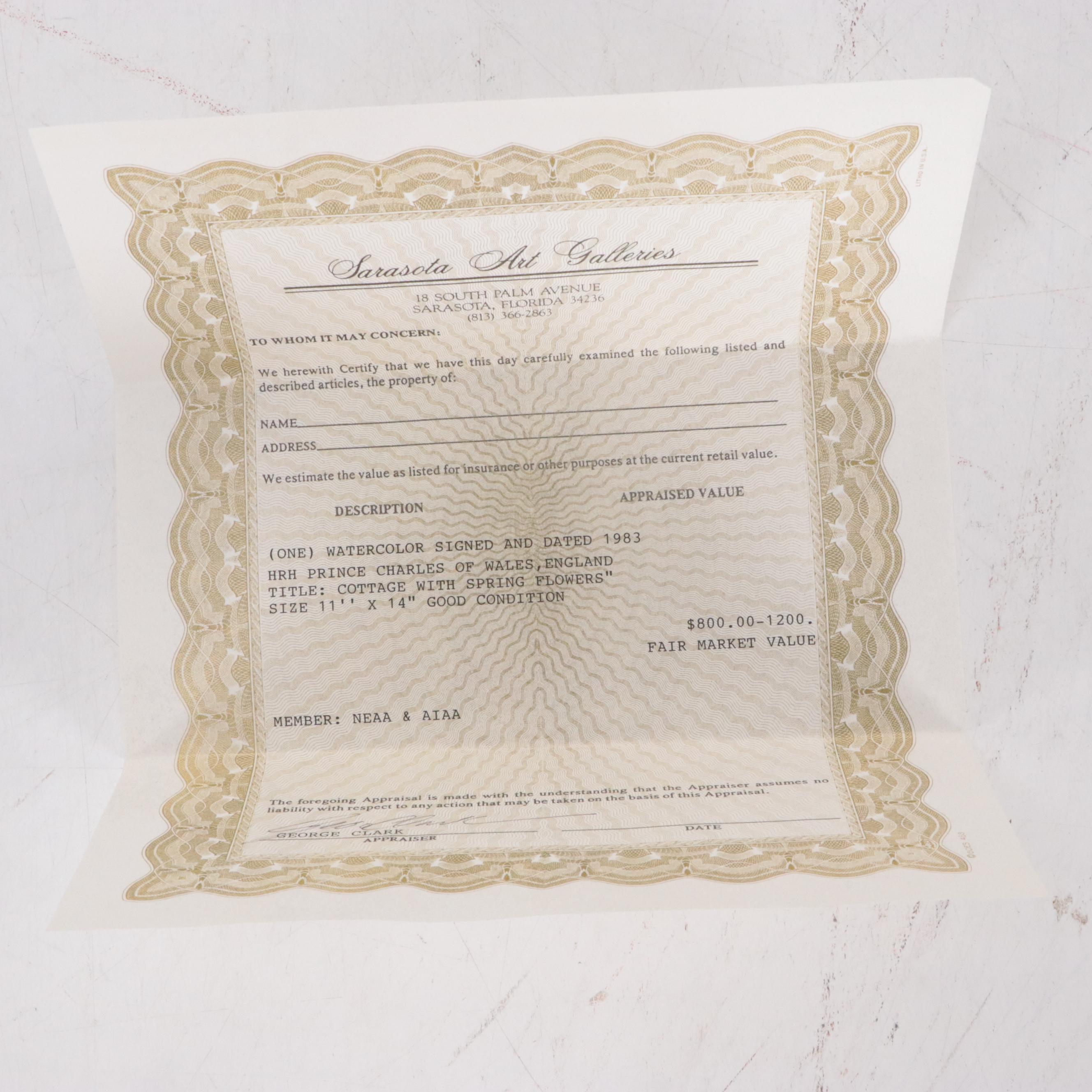 King Charles III Watercolor Painting "Cottage with Spring Flowers, Sutherland"