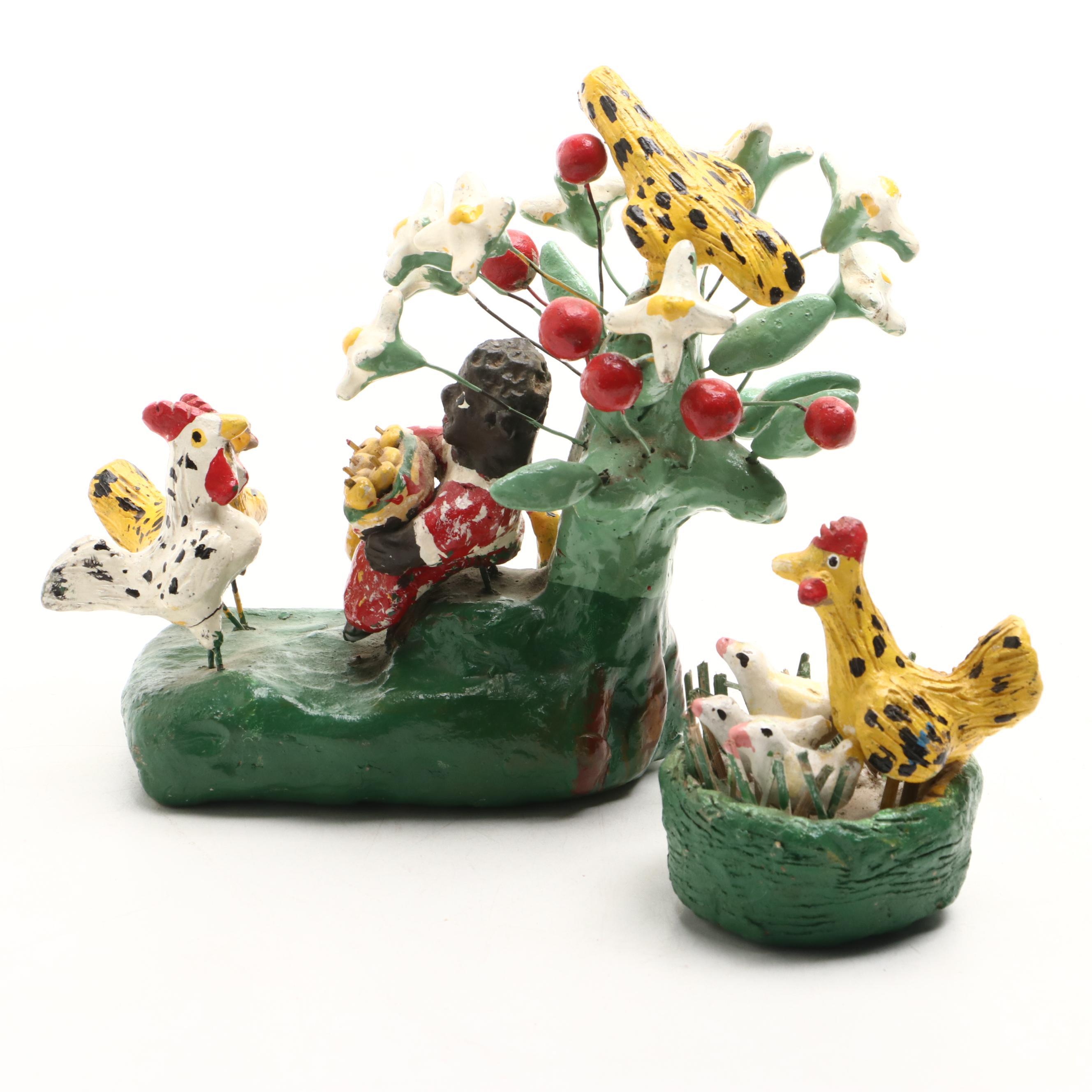 Hand-Painted Clay Rooster and Chicken Figurines
