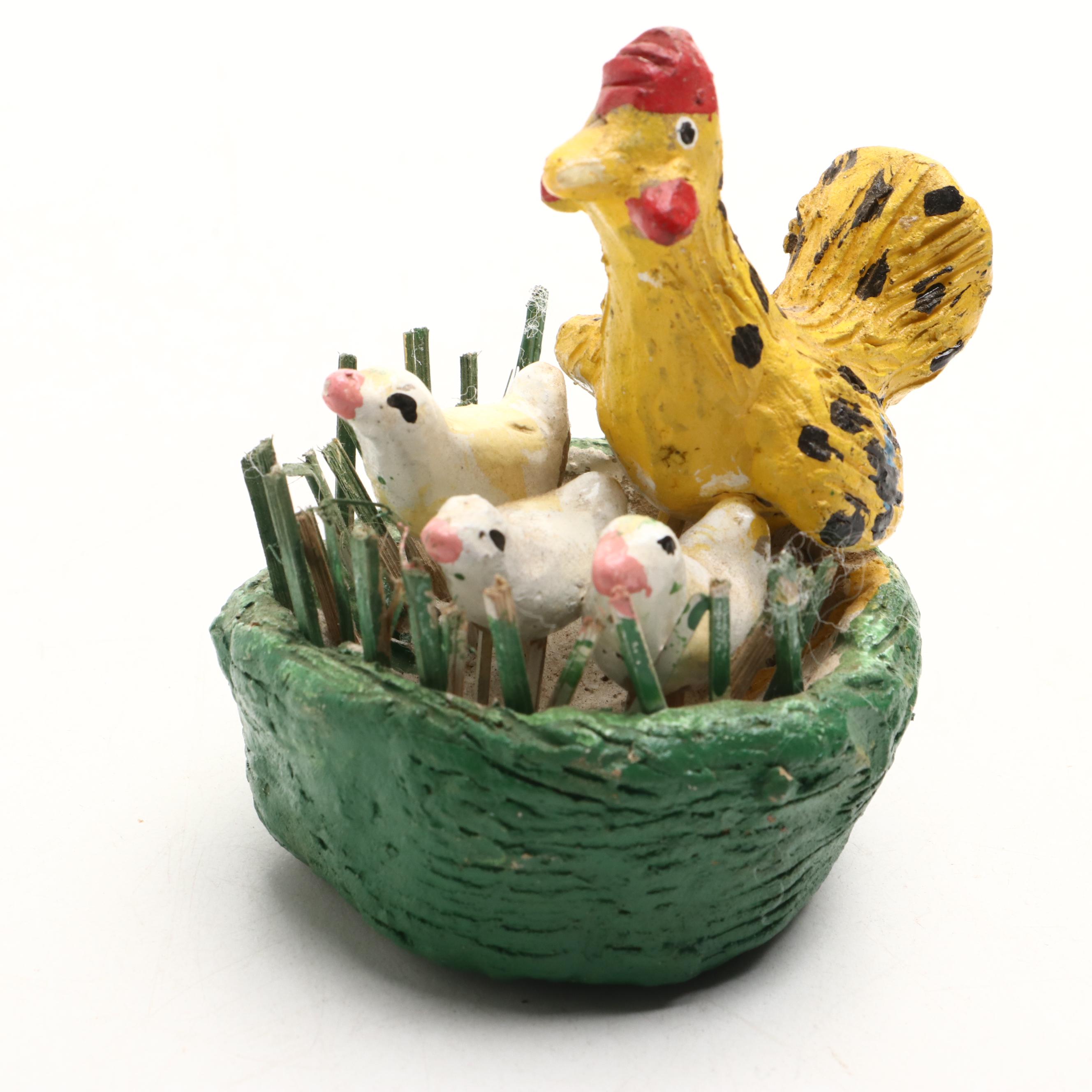 Hand-Painted Clay Rooster and Chicken Figurines