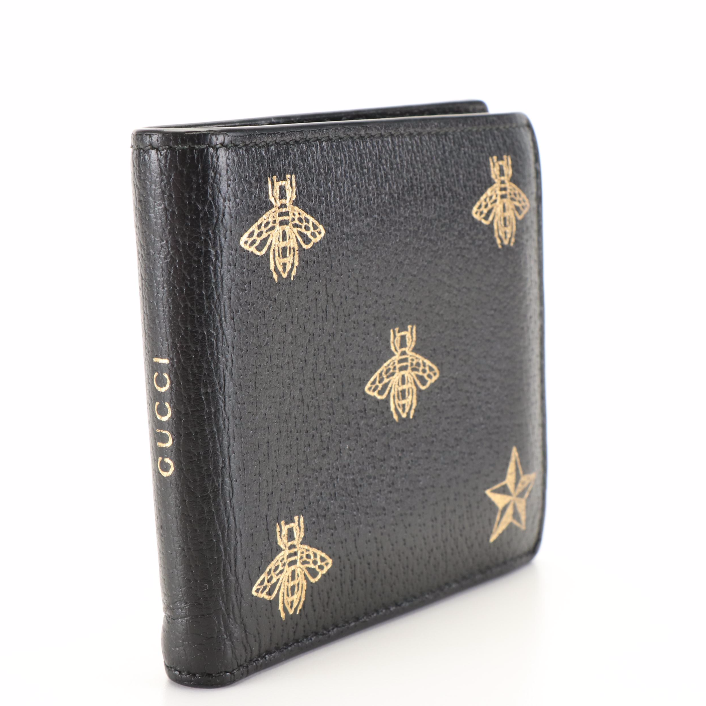 Gucci Gold Bee Star Black Leather Bifold Wallet