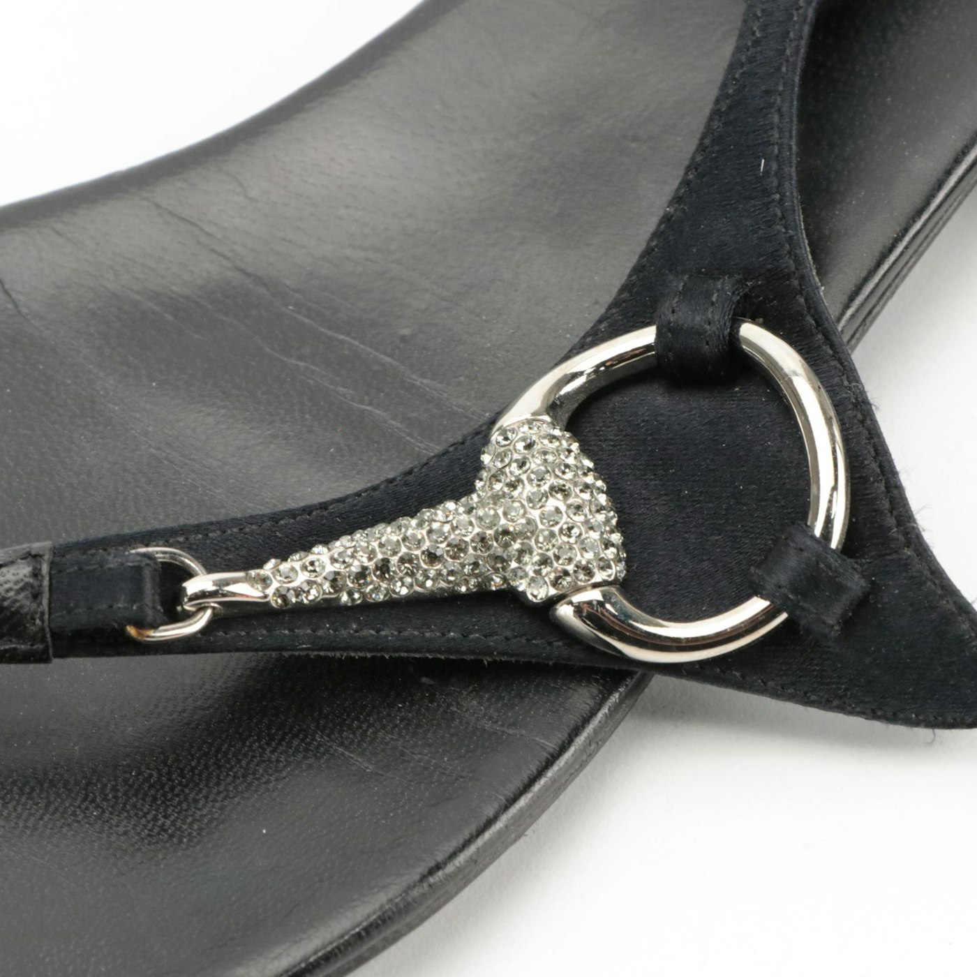 Gucci Black Satin/Leather Ankle Strap Sandals With Embellished Horsebit ...