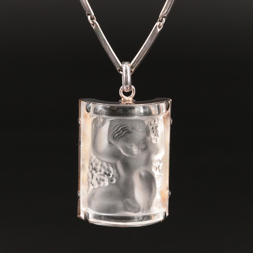 Lalique Sterling Glass Crystal Cherub Necklace