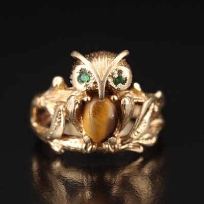14K Emerald and Tiger's Eye Owl Ring