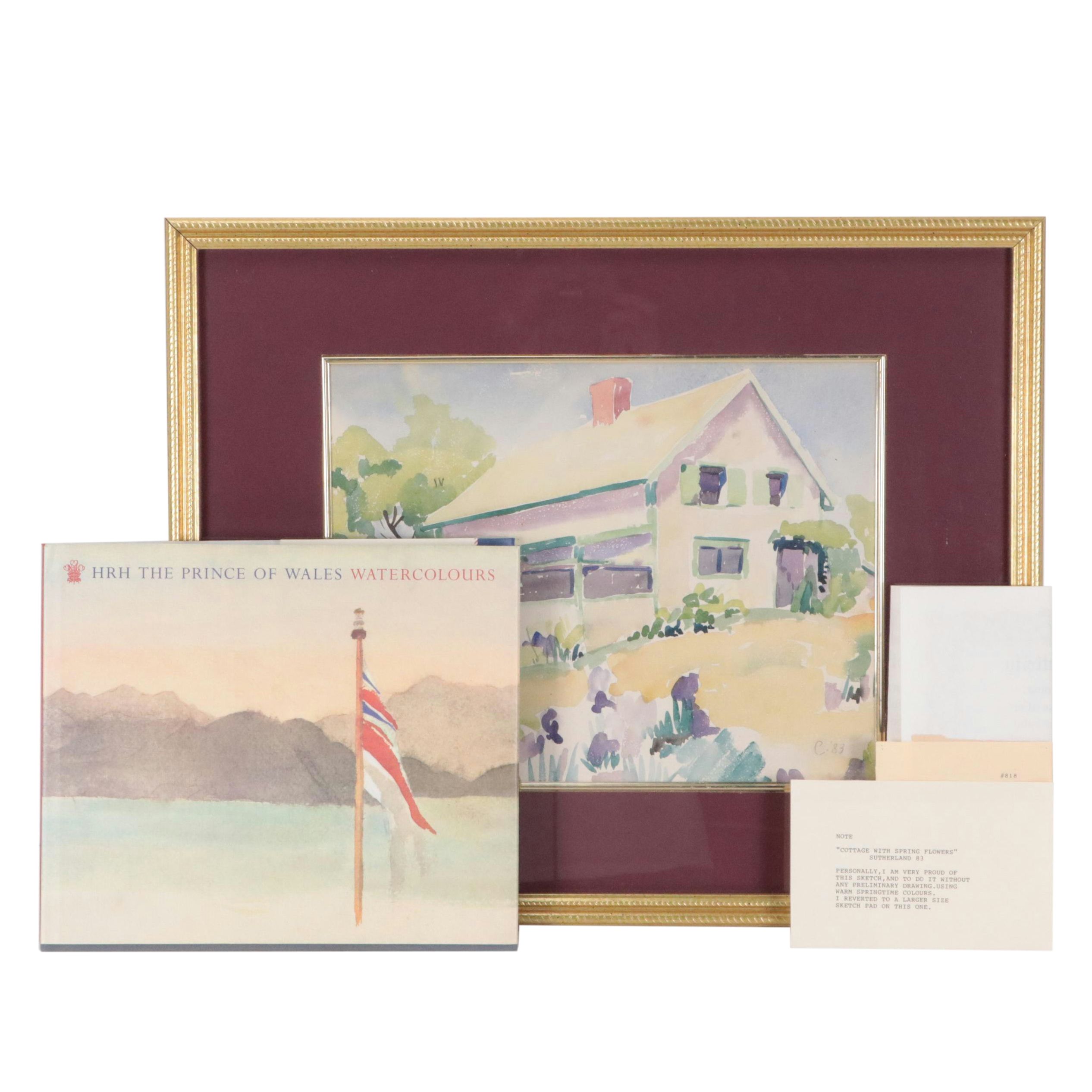 King Charles III Watercolor Painting "Cottage with Spring Flowers, Sutherland"
