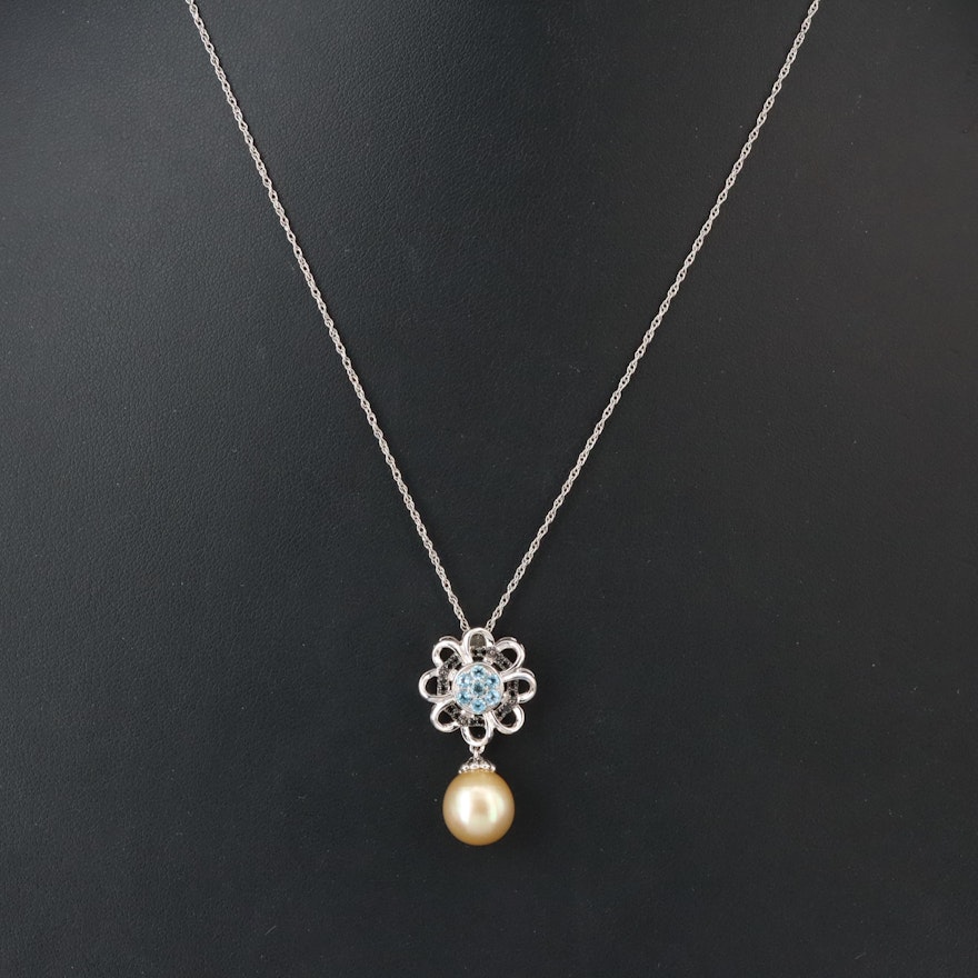 Sterling Pearl, Topaz and Spinel Floral Pendant Necklace